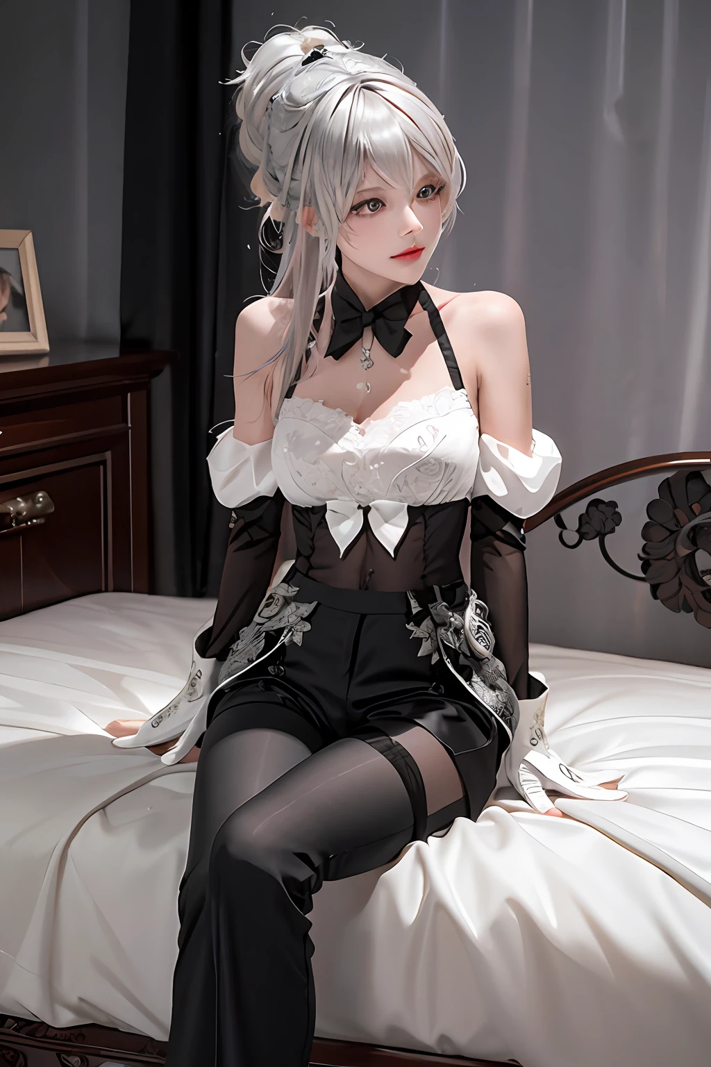 (((1 girl)),ray tracing,(dim lighting),[detailed background (bedroom)),((silver hair)),((silver hair)),(Fluffy silver hair, plump slender girl)) with high ponytail)))) Avoid blonde eyes in the ominous bedroom ((((Girl wears intricately embroidered black high-waisted pants with pantyhose) and white ruffled bow gloves), showing a delicate slim figure and graceful curves, correct limbs, sitting on the bed