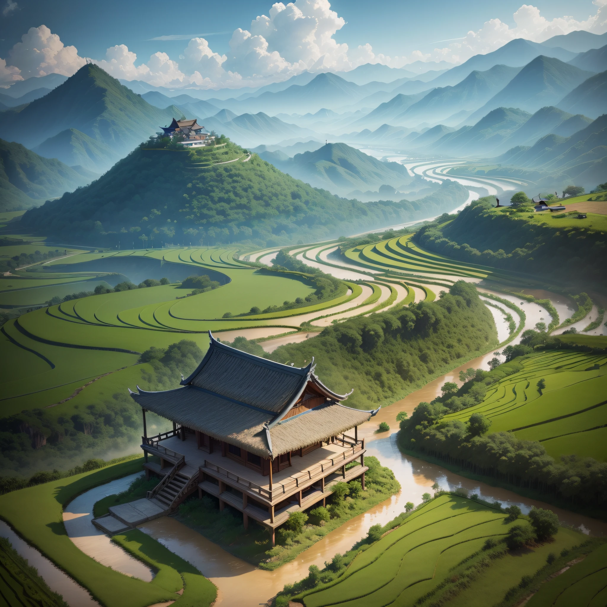 Thatched hut on top of the hill，Chinese style buildings