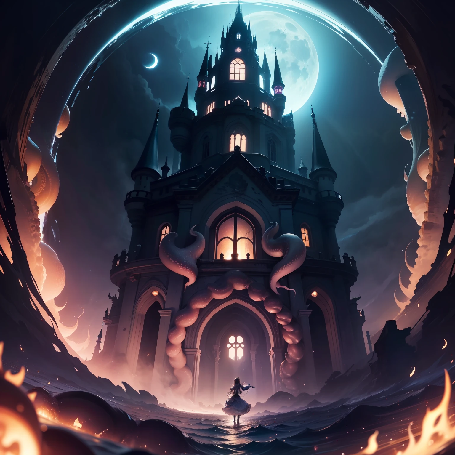(tmasterpiece、Need、ultra-delicate、A high resolution),A dark castle floating in mid-air,Below is the surface of the sea,There are many octopus tentacles in the sea,the night,no light,themoon,rays of moonlight,tornado,A round, transparent shield surrounds the Dark Castle