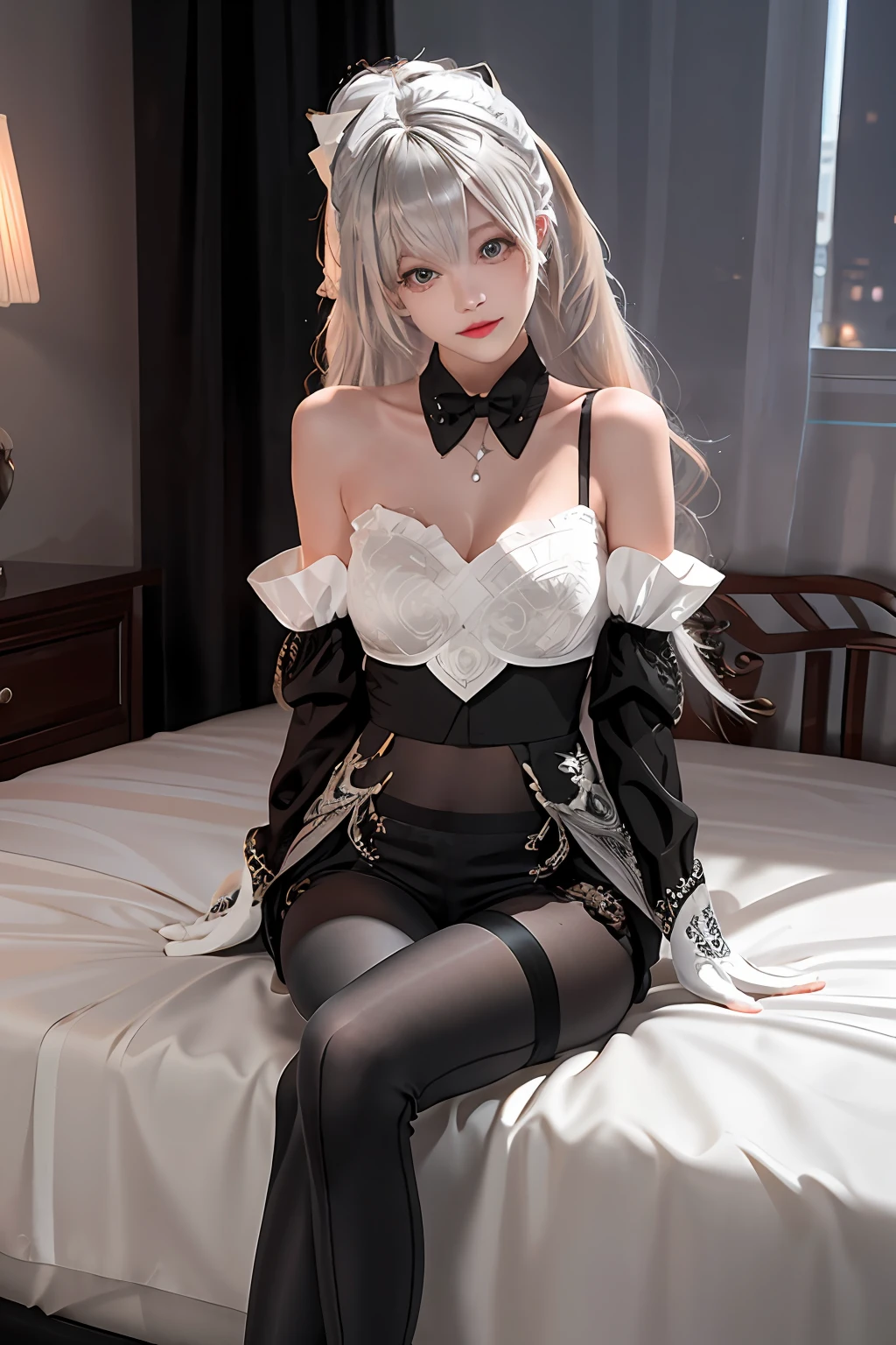 (((1 girl)),ray tracing,(dim lighting),[detailed background (bedroom)),((silver hair)),((silver hair)),(Fluffy silver hair, plump slender girl)) with high ponytail)))) Avoid blonde eyes in the ominous bedroom ((((Girl wears intricately embroidered black high-waisted pants with pantyhose) and white ruffled bow gloves), showing a delicate slim figure and graceful curves, correct limbs, sitting on the bed