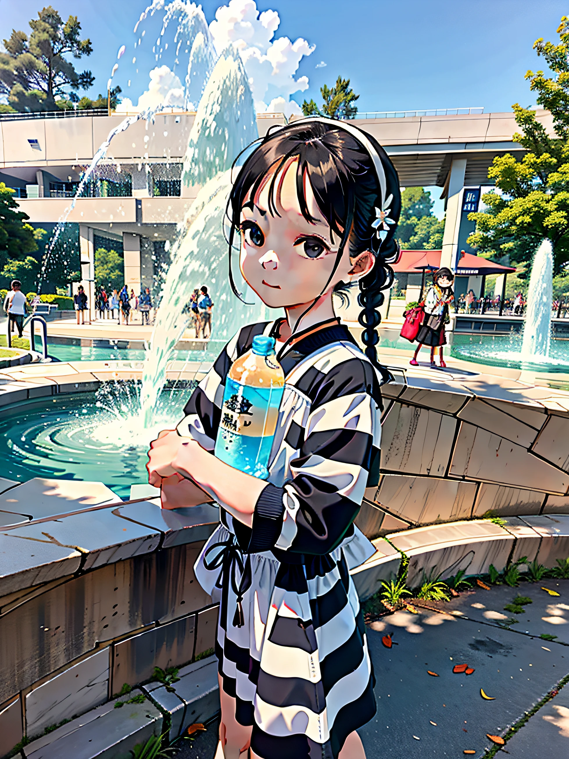 A lovely 2 year old girl,On a sunny day,Take photos by the fountain next to the park。She holds a drink bottle in both hands,A look of daze,A small braid tied over his head,Dressed in a dress with black and white stripes。