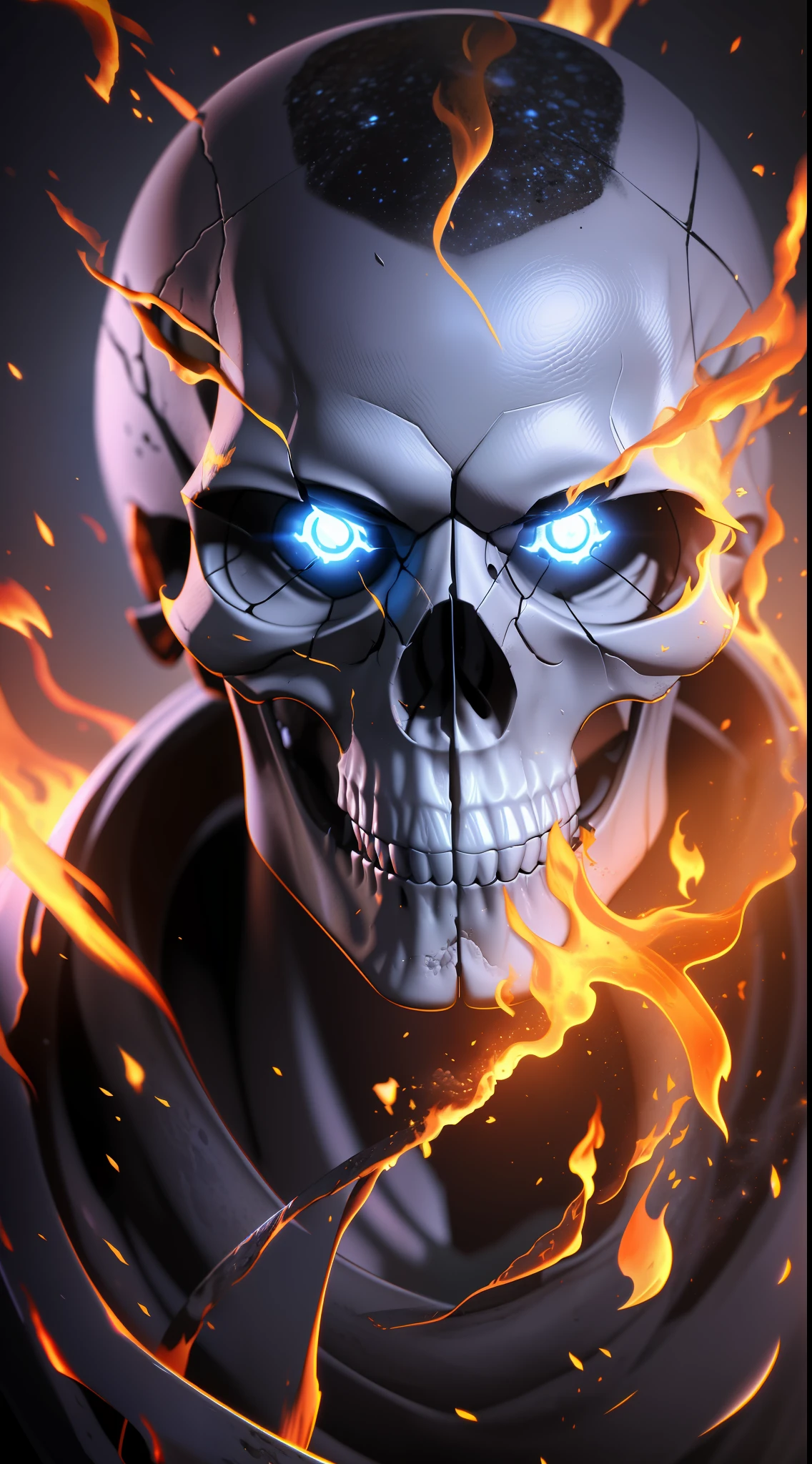 Obra prima, melhor qualidade, art-station, 1 Skull on Fire, ultra realistic, black background, galaxy, infinite blue eyes, 8k, realism, glowing, iridecent, hyper - detailed vibrant cinematic, ambient occlusion, chromatic aberration