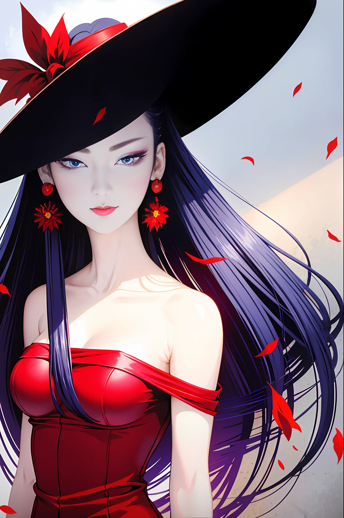 tsuruta ichiro, Narrow-eyed, 1girl in, Solo, Cowgirl, hat, red headwear、RED dress,  ((mideum breasts)),  (Super long hair:1.2), Thin slit eyes、blue grey eyes, Random colored hair, gloves, Dress, Bare shoulders, Jewelry, Upper body, earrings, sharp eye、Red Glove, elbow groves, Hand up, random color, random color dress, From Side, makeup, Slender eyes、lip stick, Complex petal pattern, Rim Light, Back Light, pastel color,