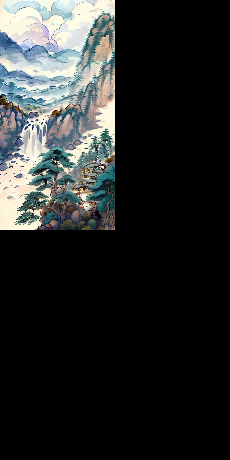 Mountain waterfall, pine forest, sika deer fish 9k