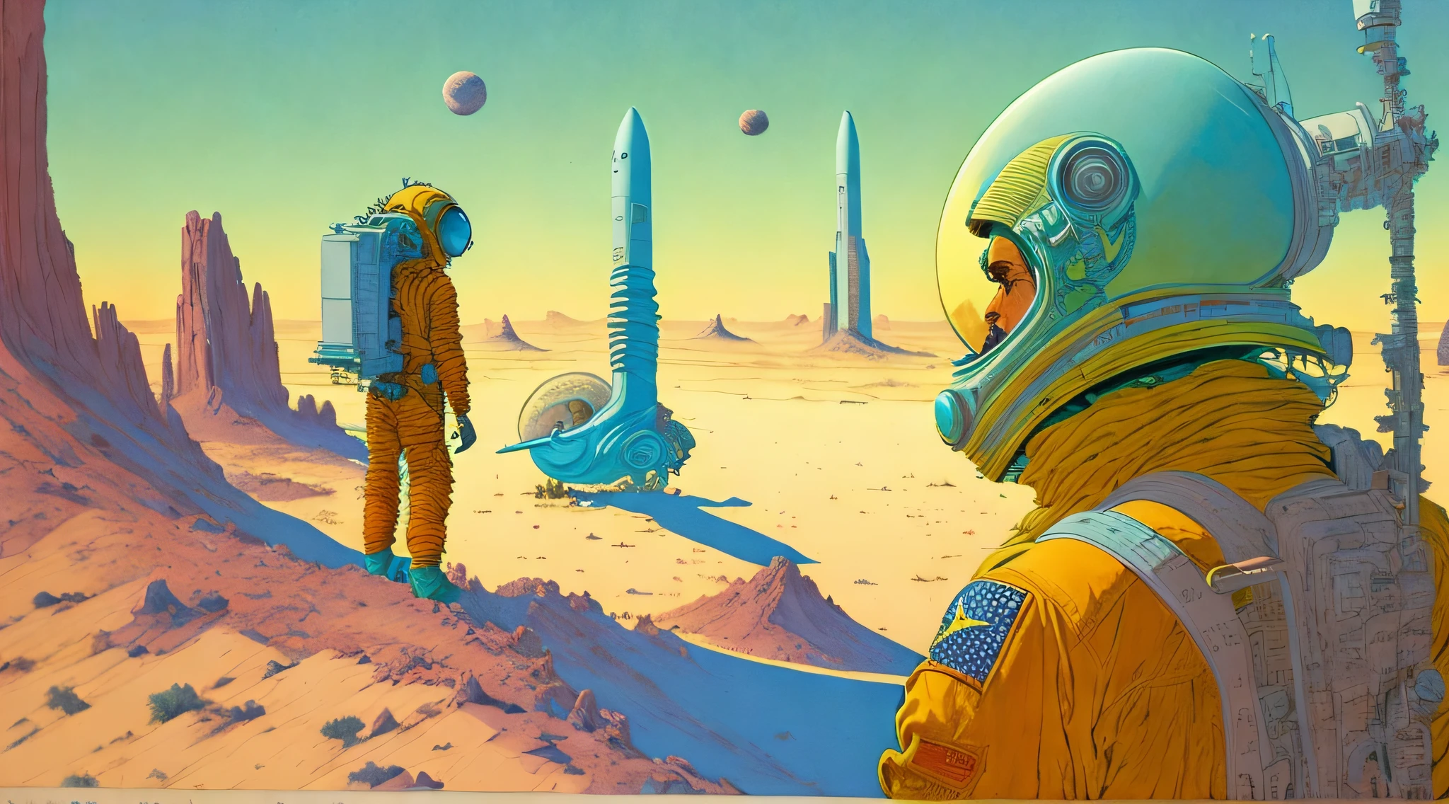a painting of a Astronauts in Space Suit, investigating strange buildings, alien planet, ringed planet by Moebius Jean Giraud