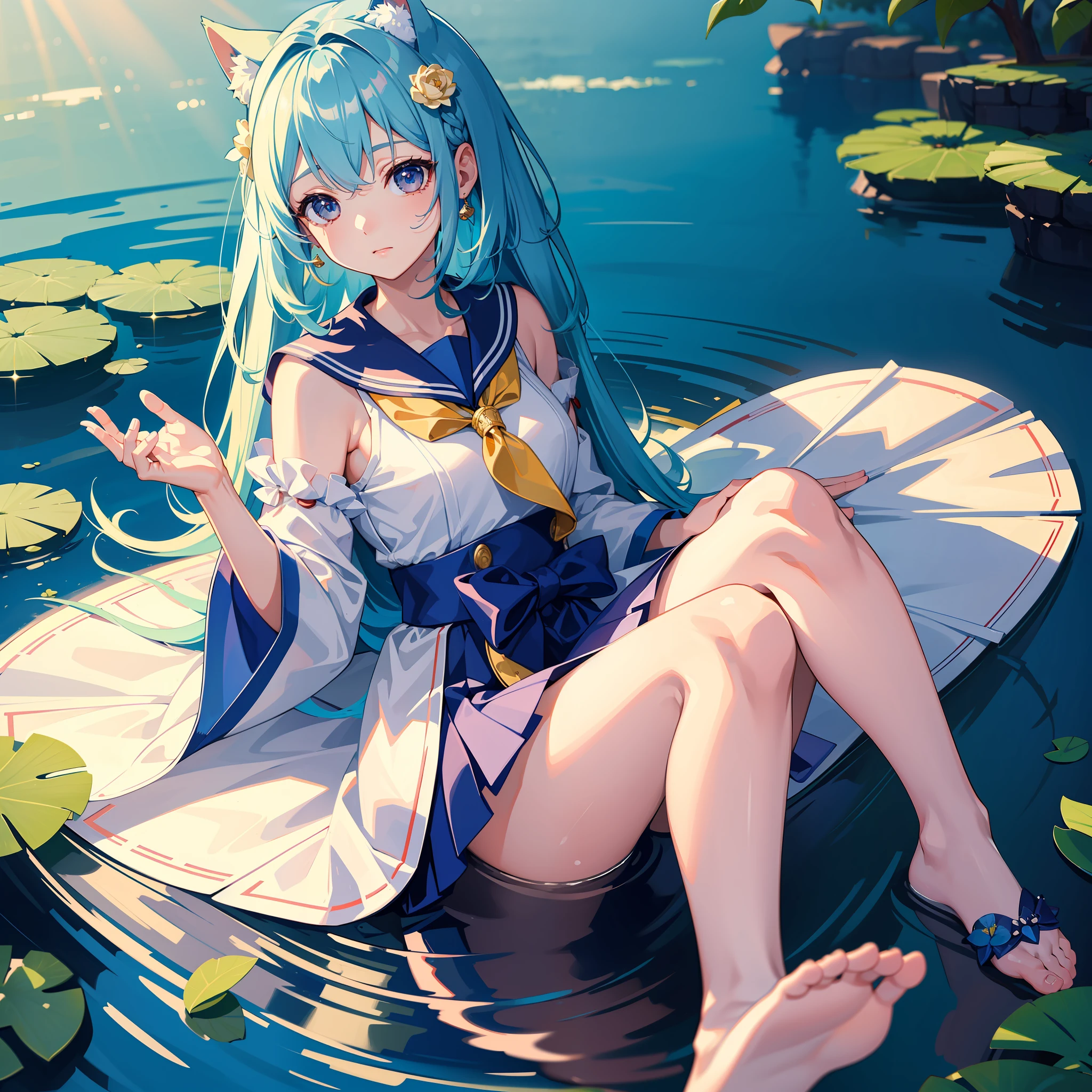 a sailor suit,cute girly/blue hairs（dual horsetail）/red color eyes/Furry giant cute bear ears/Glossy,chibi，Play in the river，（illustratio),(Fine light),(Extremely exquisite and beautiful),(美丽细致的眼睛),(rays of sunshine),beuaty girl,dynamic angle,(super-fine)((tmasterpiece))),((Best quality at best)((super-fine))(Ultimate CG rendering)((tmasterpiece))(wallpaper hd)),Illustrationism，Extremely detailed CG rendering,Delicate shoes，with a good figure，Delicate facial features and delicate makeup,largeeyes,Round face,cute female child，Peach blossom eyes,looking at viewert,Naturalness,Squint,Cute and vivid,cuteexpression,Close to the screen,staring at the audience, rays of moonlight, themoon, water lilies