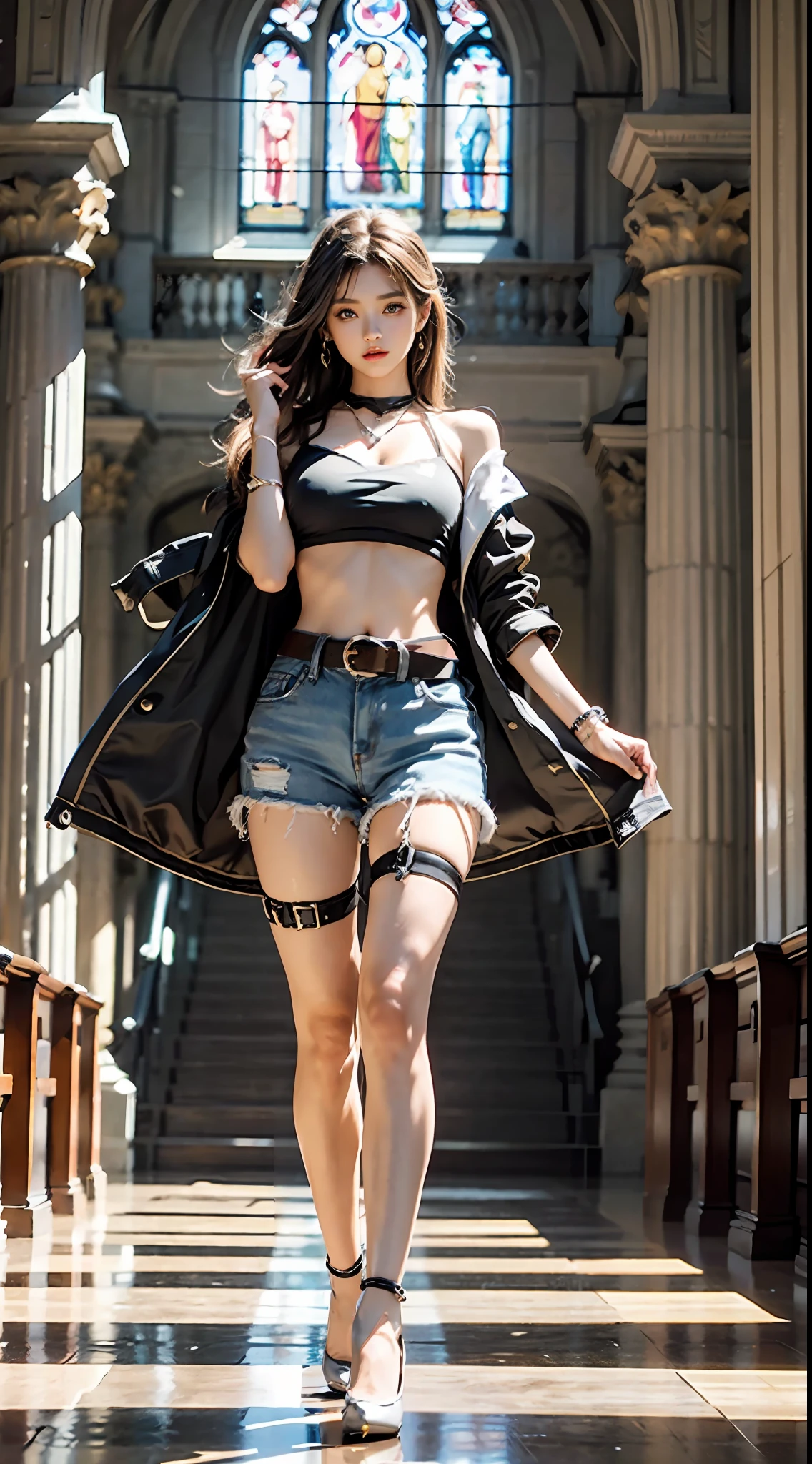 a beauty girl，Purple eye，White curly wave head，Jacket jacket，Crop top short sleeves，cropped shoulders，nabel，Straight chest，Low-rise extra-short jeans，Black Knee Socks，White high-heeled booties，Silver necklace，Circle earrings，Leg loop straps，Shoulder belt，Bracelet，ruri，Church glazed windows，，(Very fine and beautiful)，Exquisite background,（tmasterpiece）(HighestQuali)，(tmasterpiece)，Epic composition，The Temple of Splendidness，8K，Dingdall effect，Meticulous background，sophisticated composition，slender leg，Keep your legs closed，standing on your feet，a narrow waist，Bigchest