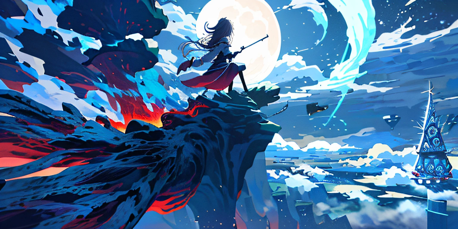 masterpiece, best quality, ultra-detailed, illustration, 1girl, solo, fantasy, flying, broom, night sky, outdoors, magic, spells, moon, stars, clouds, wind,