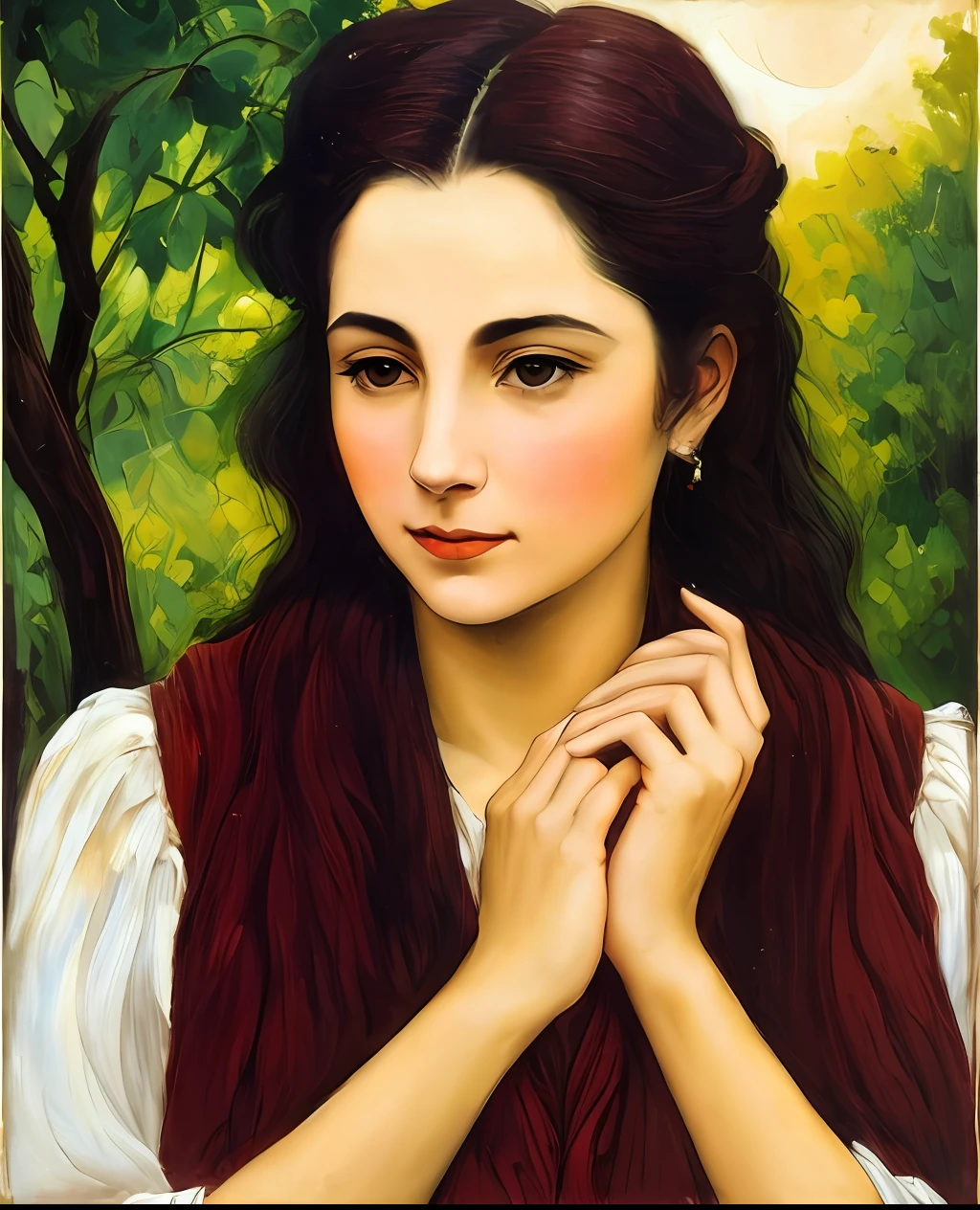 Christian woman
closeup of 1 woman, bonita, of Jewish descent, Druid leaning against a tree, ao nascer do sol, rosto bonito, beautiful sky, (oil-painting), classic art: 0.4, detalhada, intrincada, (arte de fantasia), cor silenciada: 0.25, melhor qualidade, boa anatomia, good composition, good proportions, bom design, dinamic pose, boa pose, realistic sky, fundos realistas, (cinemactic), (mais alta qualidade, premiado, obra-prima:1.3), (arte de Arthur Rackham:0.5), (((cores naturais))), (fotorrealista:1.4), ((empty hands, sem segurar nada)),