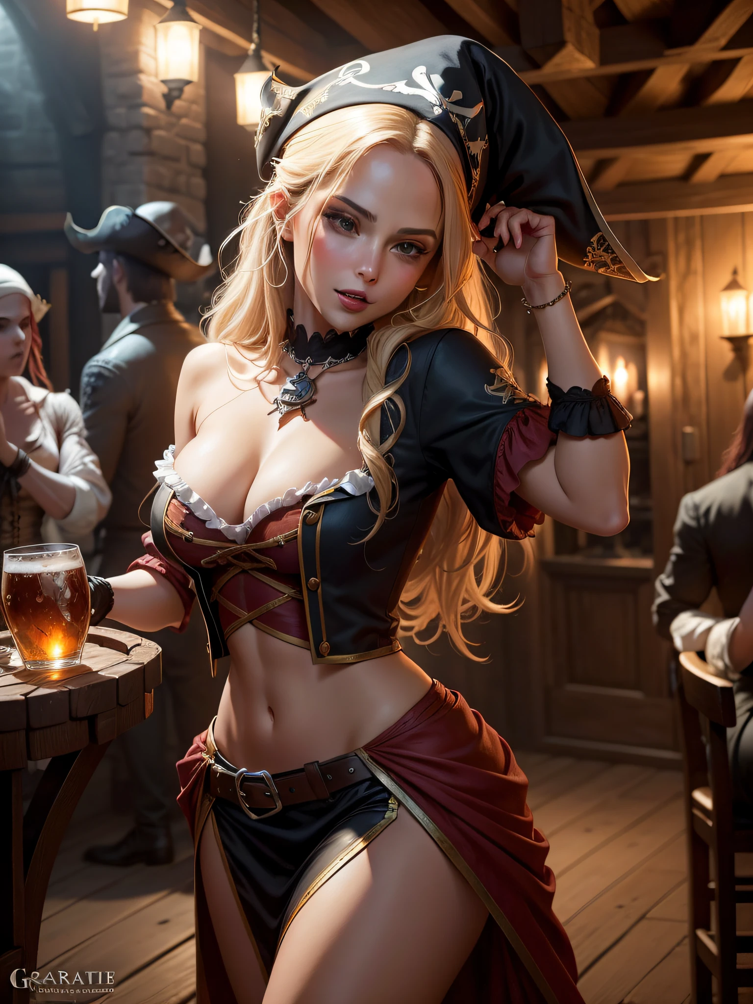 Find the charismatic seductive tavern, grace, vestida com uma elegante roupa de pirata com um toque de sensualidade. She entertains a noisy crowd of pirates in a dimly lit tavern, adding an aura of fascination and excitement to the lively atmosphere.