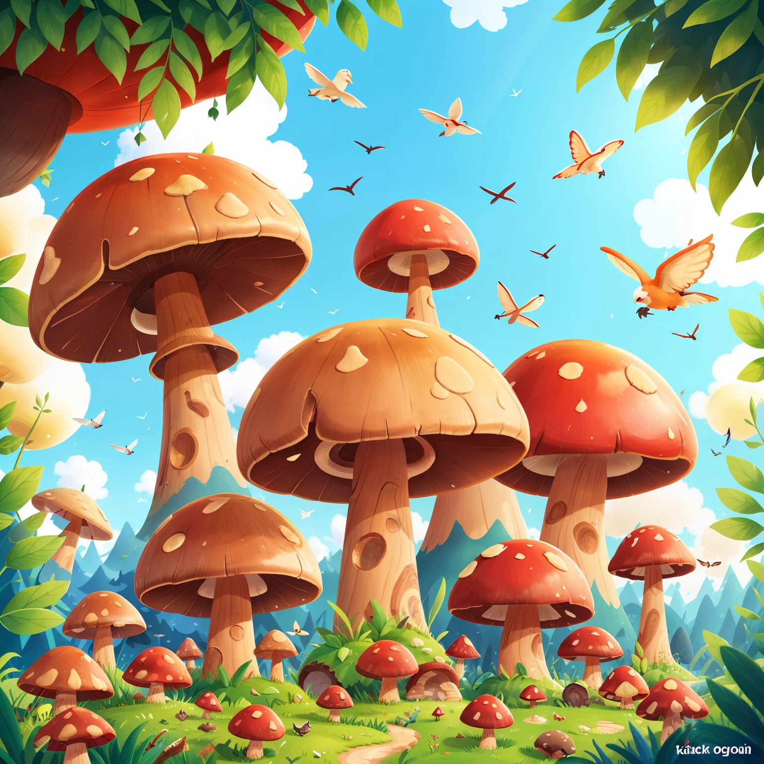 A wonderful world,There are several large mushrooms inside,Mushrooms are red,The background is a vast wood,White clouds float in the blue sky,And some small birds,8k, best qualtiy,highly detailed