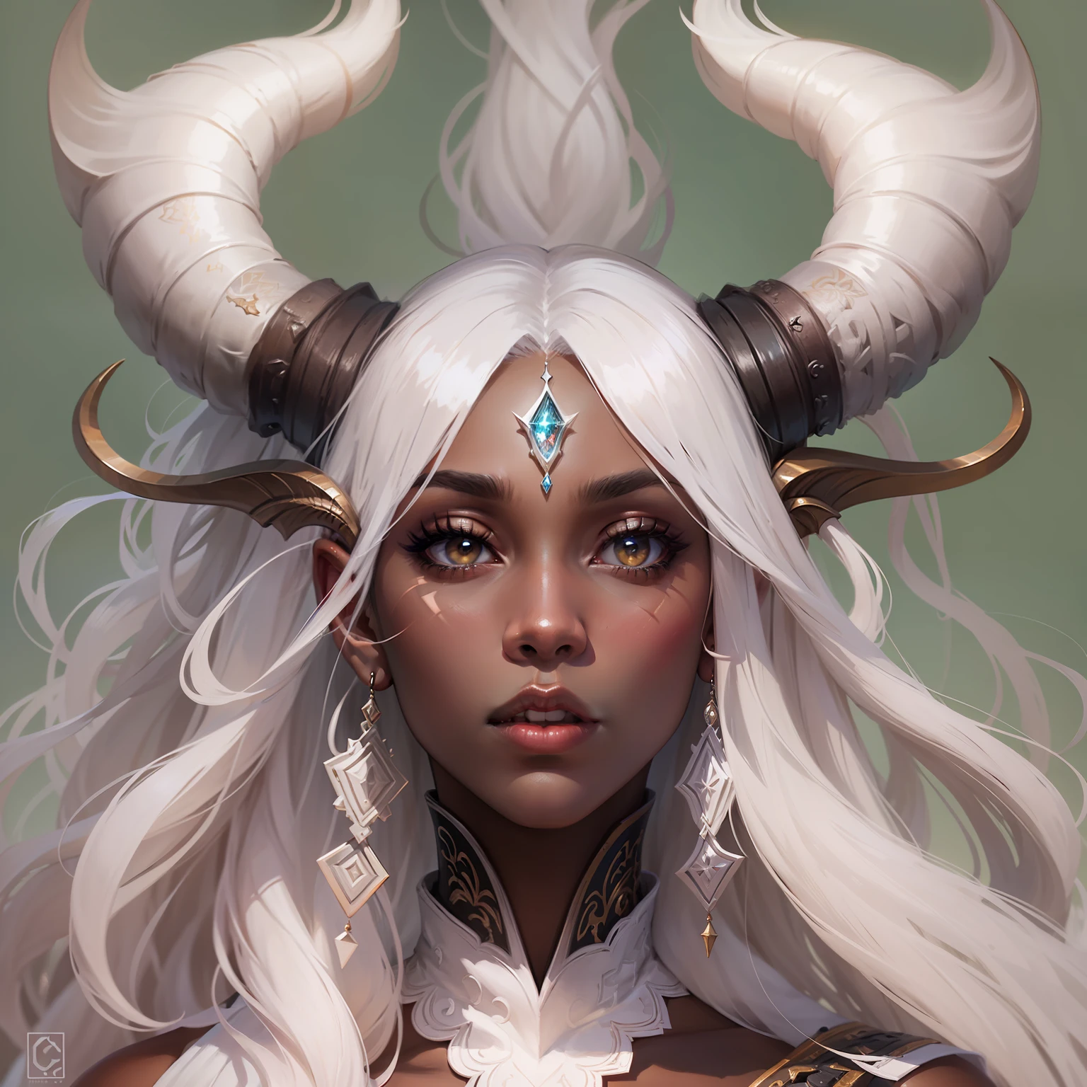 a young black woman with long white hair and horns on her head, symmetric beautiful face, arte de fantasia digital, epic digital art illustration, epic exquisite character art, d & d fantasia pintura digital