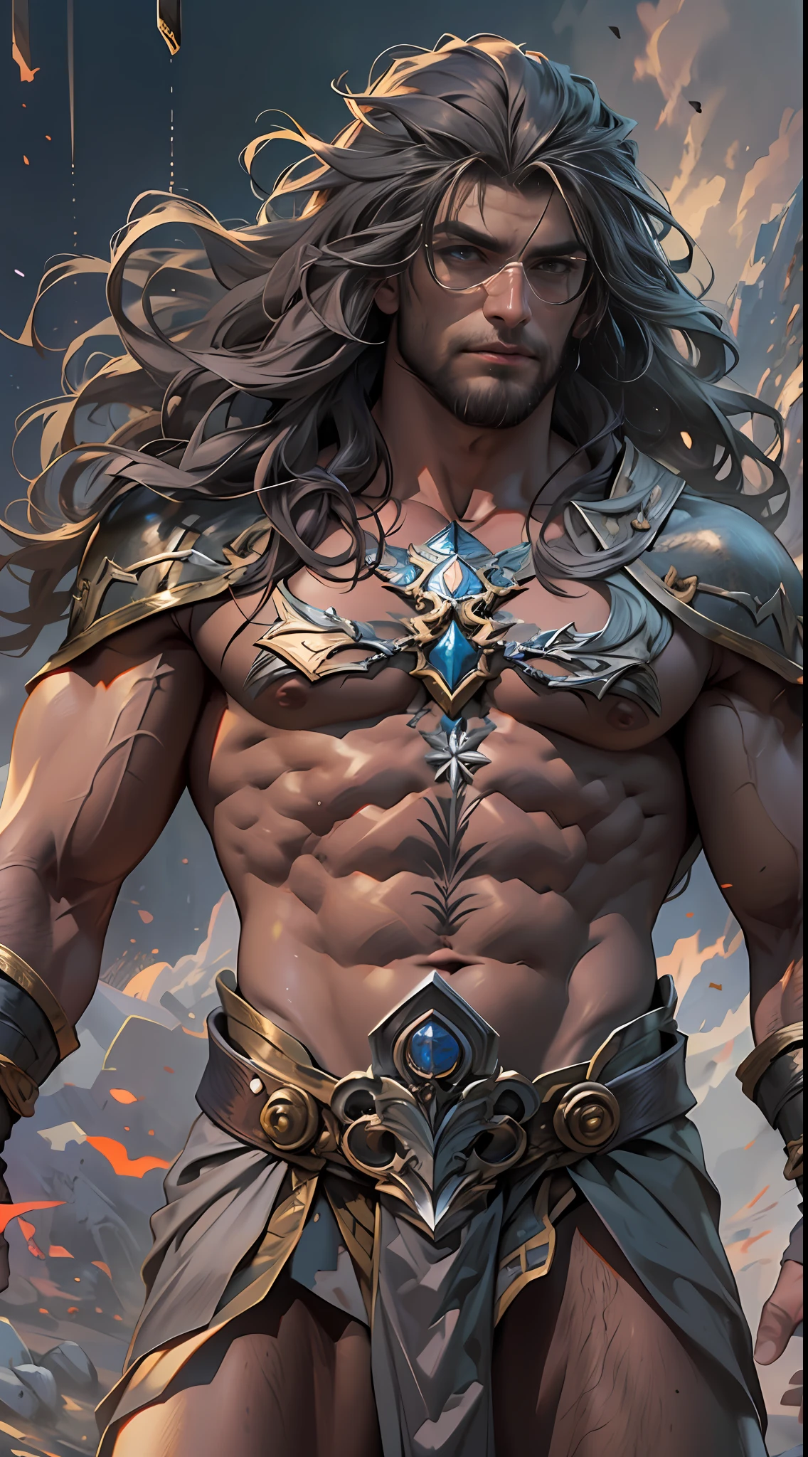 Powerful warrior, upper torso unveiled, lower body uncovered from thighs to feet, cascading long curls, meticulous muscle definition, lifelike depiction, 4K resolution. Background: Mythical fantasy landscape.,32k uhd, best quality, masterpiece, super detail, high details