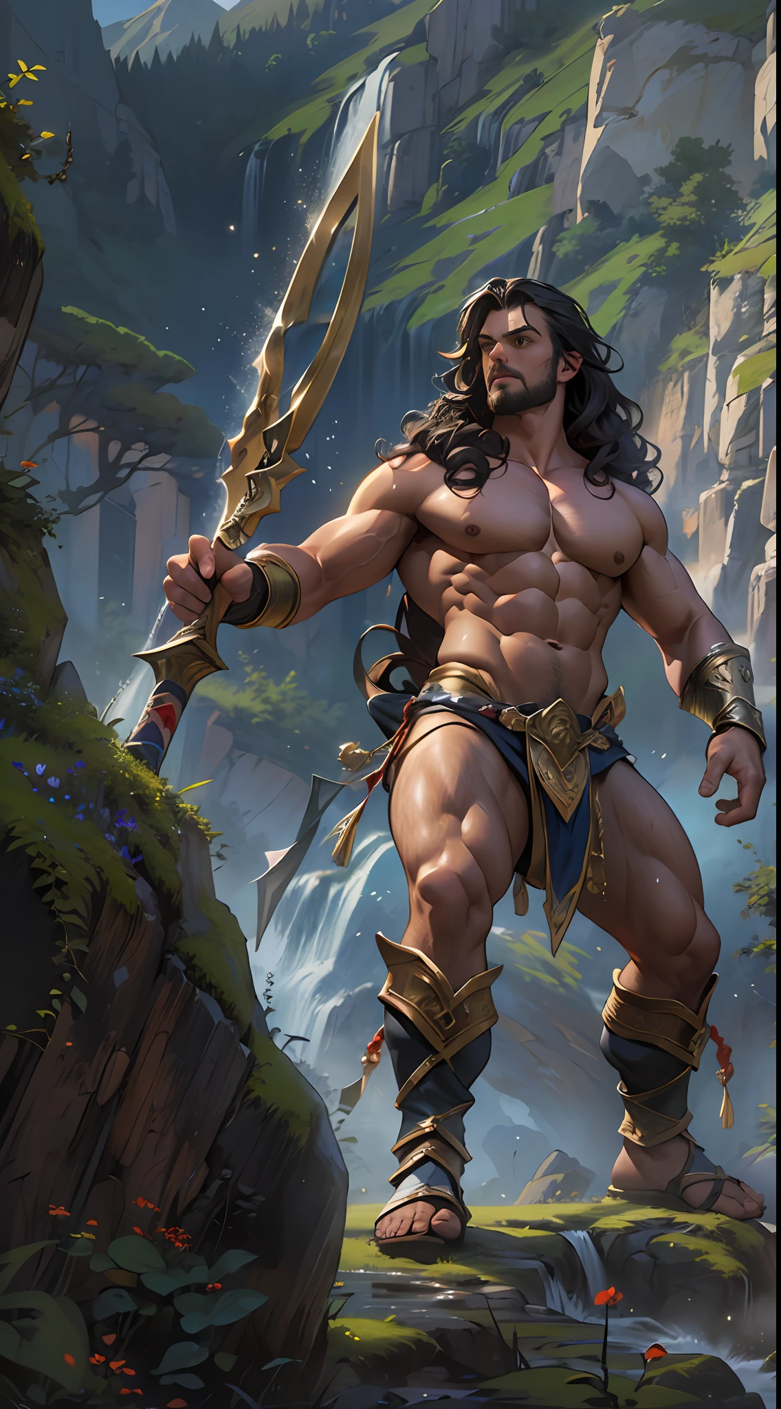 Powerful warrior, upper torso unveiled, lower body uncovered from thighs to feet, cascading long curls, meticulous muscle definition, lifelike depiction, 4K resolution. Background: Mythical fantasy landscape.,32k uhd, best quality, masterpiece, super detail, high details