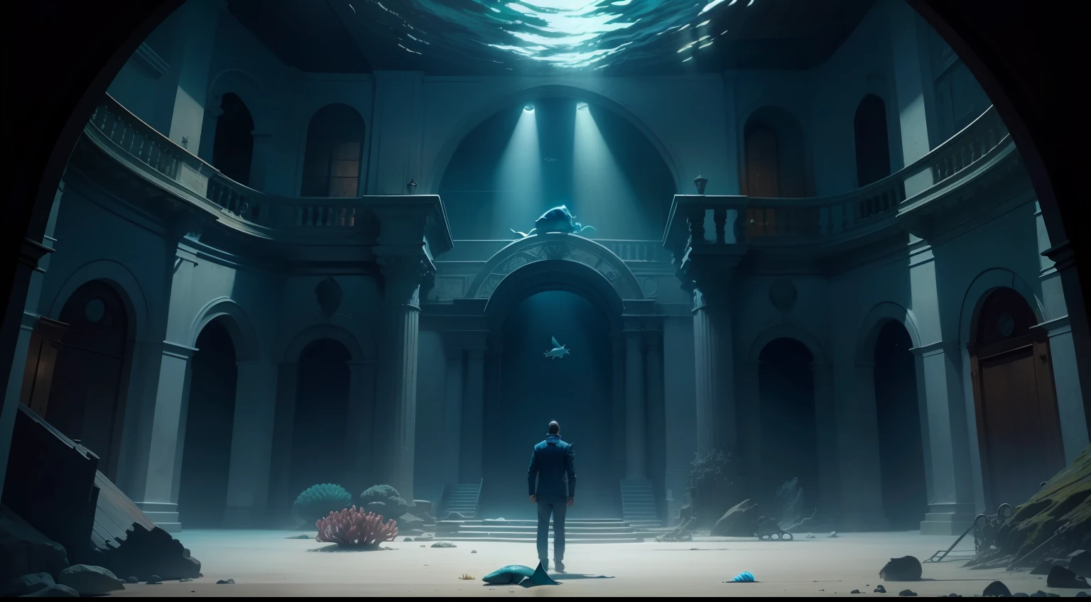 ocean floor,Mysterious Hall,the shark,Standing old turtle,jelly fish,Old captain