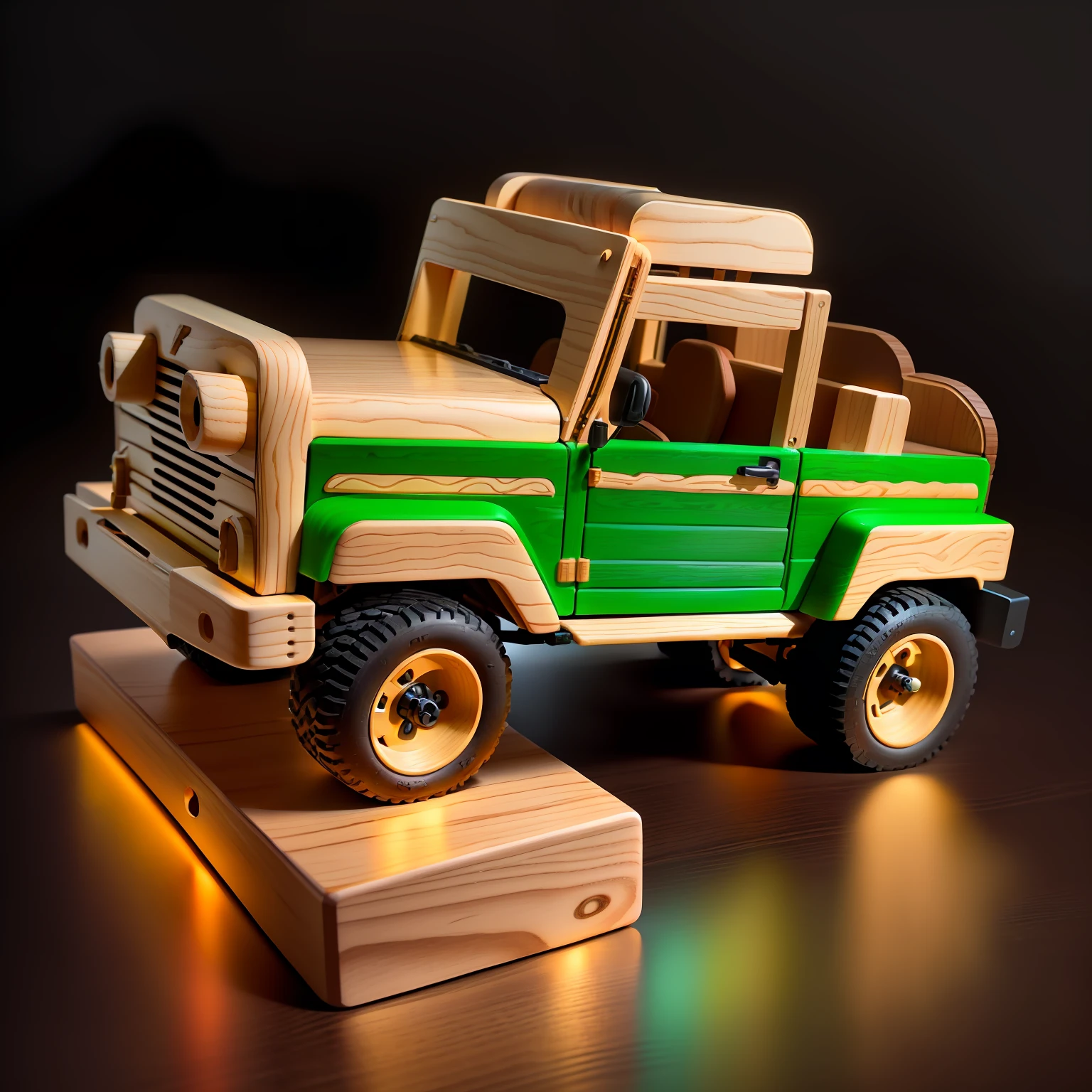 There was a wooden toy truck，There is a wooden block on it, with detailed wood, highly detailed toy, wooden art toys, detailed wide shot, wooden art toys on base, Wooden, jeep, with lots of details, kids toy, light lighting side view, 2023 4K, with a wooden stuff, the sideview, side - view