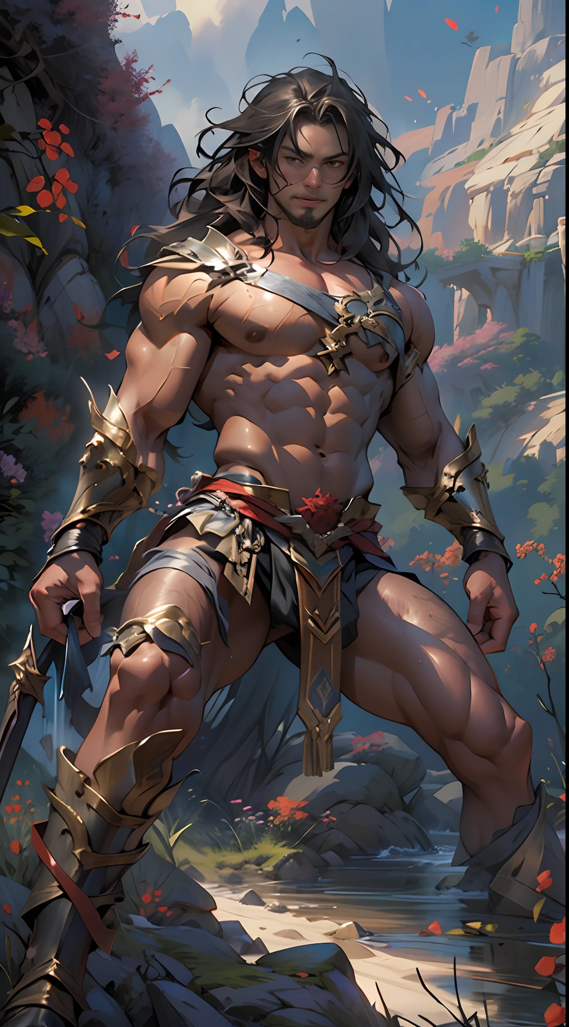 Powerful warrior, upper torso unveiled, lower body uncovered from thighs to feet, cascading long curls, meticulous muscle definition, lifelike depiction, 4K resolution. Background: Mythical fantasy landscape.,32k uhd, best quality, masterpiece, super detail, high details