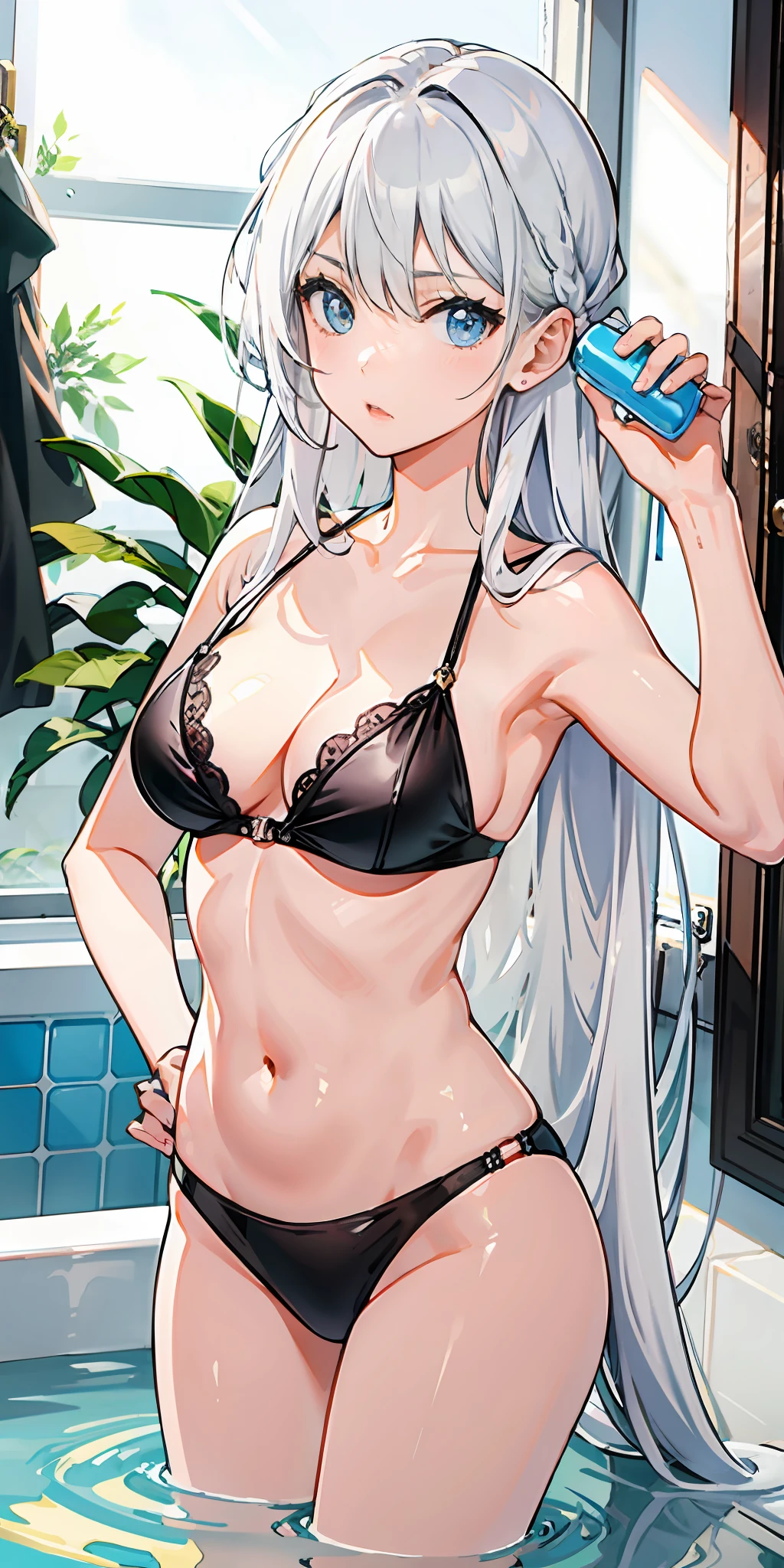 Out of the bath girl,underdressing,belly-bar,long white hair,Insults