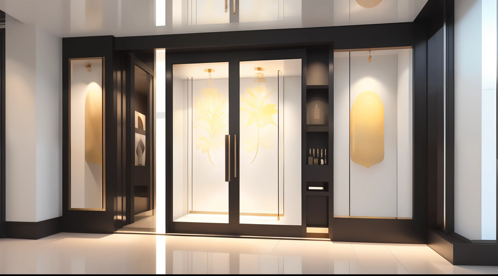 3d rendering modern、Comfortable lighting、artstation、ultra - detailed、cinematic ligh、Cosmetics stores,The glass door is closed,The windows are visible on both sides by floor-to-ceiling windows with clear glass,Decorated with artwork,Cosmetics are placed in the windows,ultra - detailed,HDR,Luxury,真实感,3DMDT1
