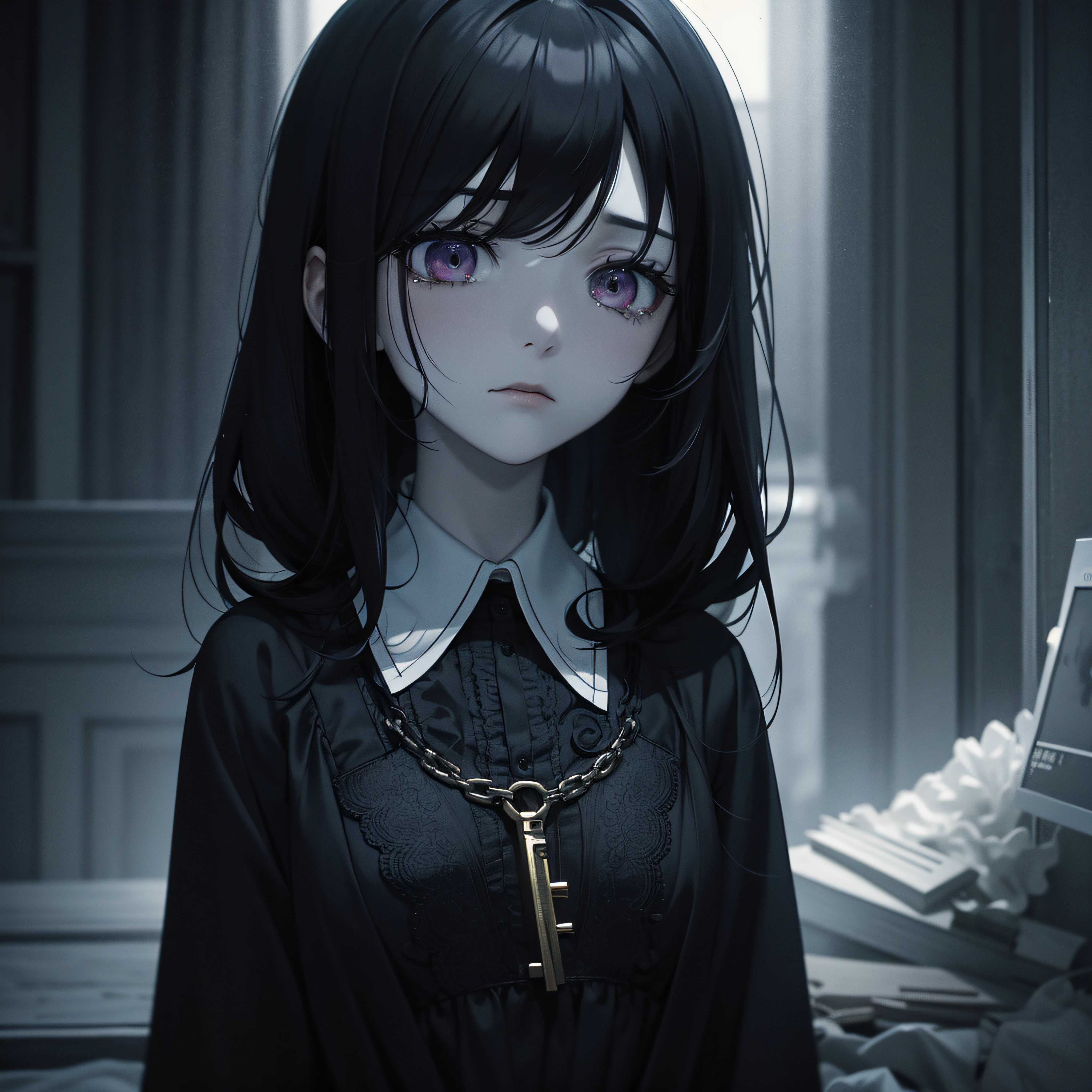 Gloomy atmosphere, emotional, melancholic key visual, rich colors, highly intricate
