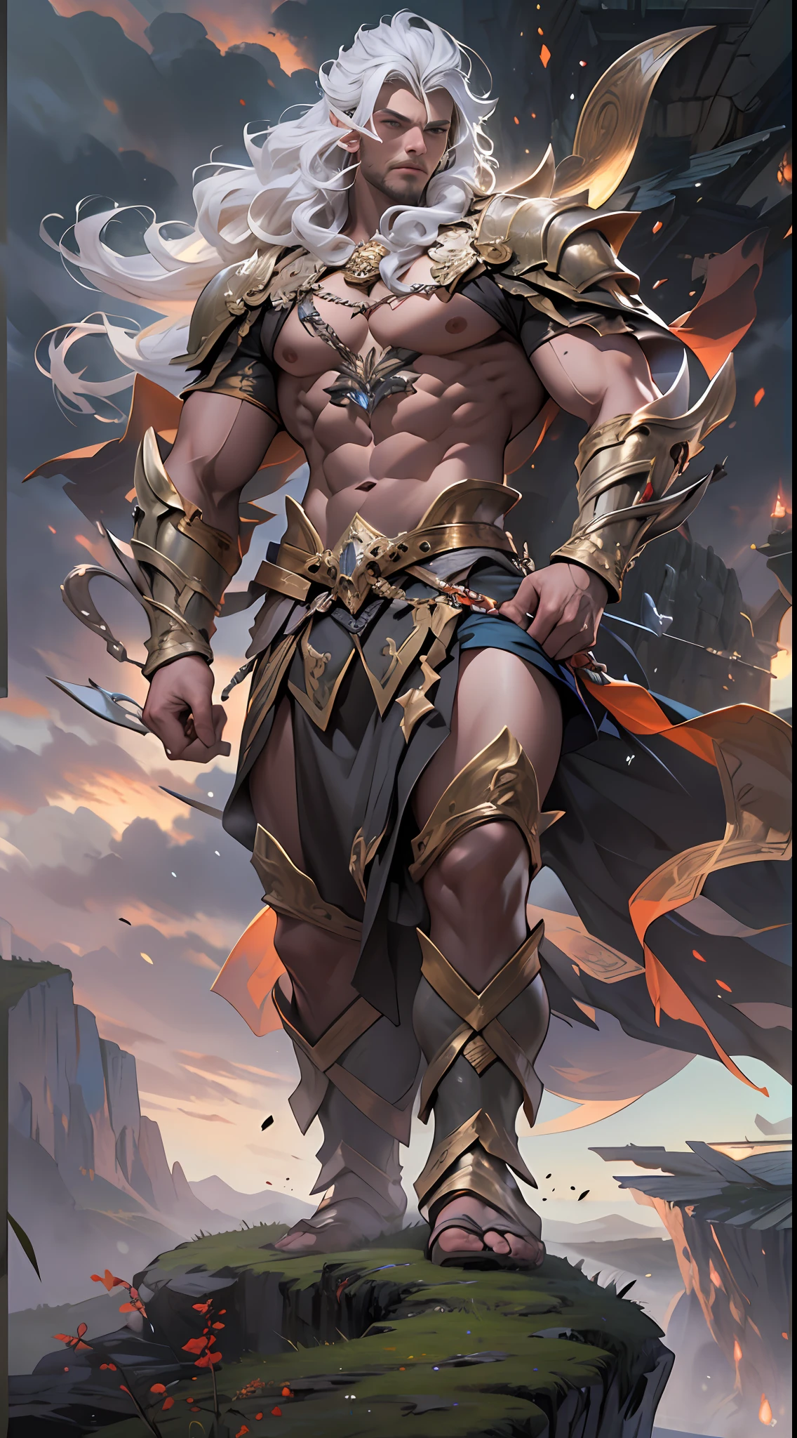 Powerful warrior, upper torso unveiled, lower body uncovered from thighs to feet, cascading long curls, meticulous muscle definition, lifelike depiction, 4K resolution. Background: Mythical fantasy landscape.,32k uhd, best quality, masterpiece, super detail, high details