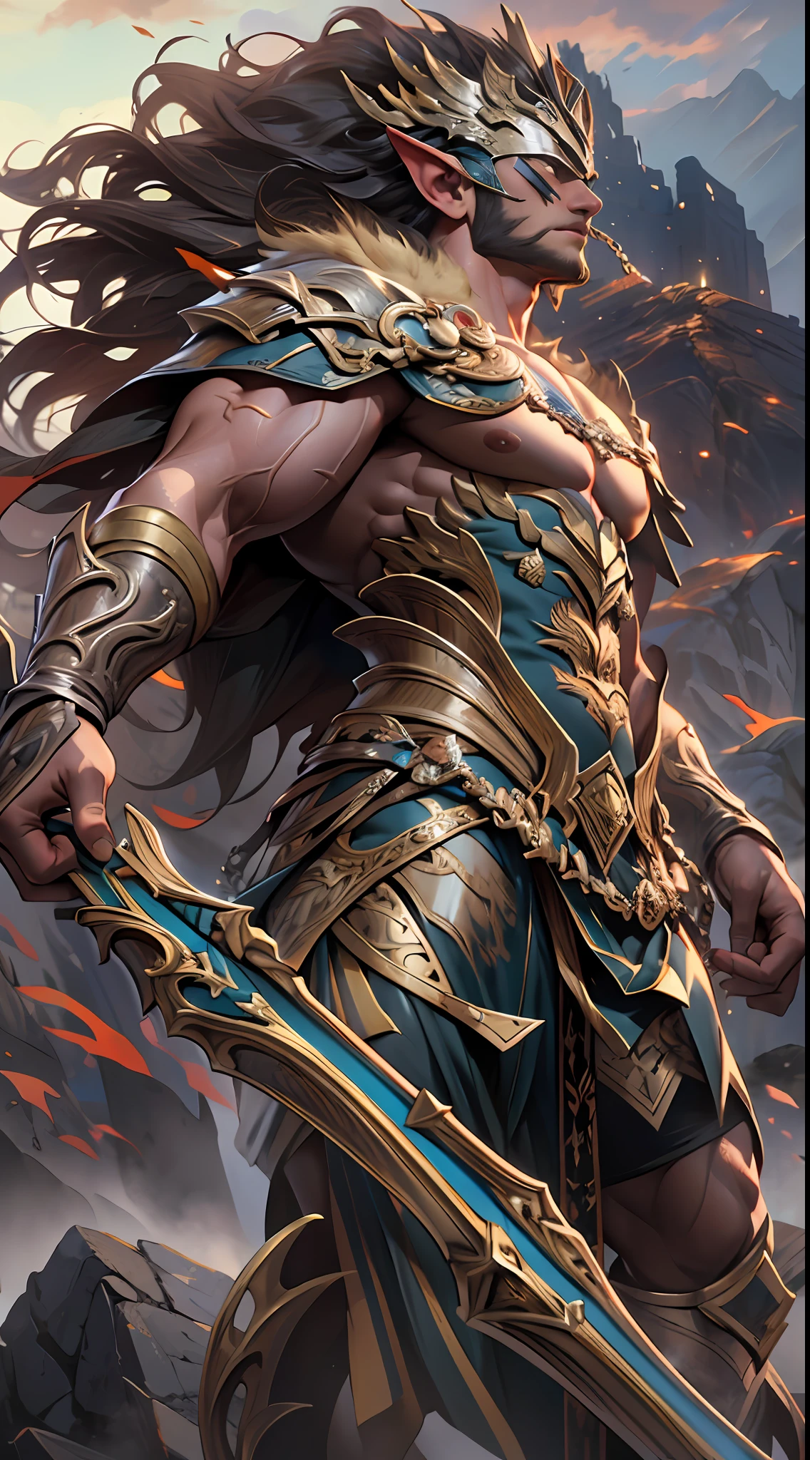 Powerful warrior, upper torso unveiled, lower body uncovered from thighs to feet, cascading long curls, meticulous muscle definition, lifelike depiction, 4K resolution. Background: Mythical fantasy landscape.,32k uhd, best quality, masterpiece, super detail, high details