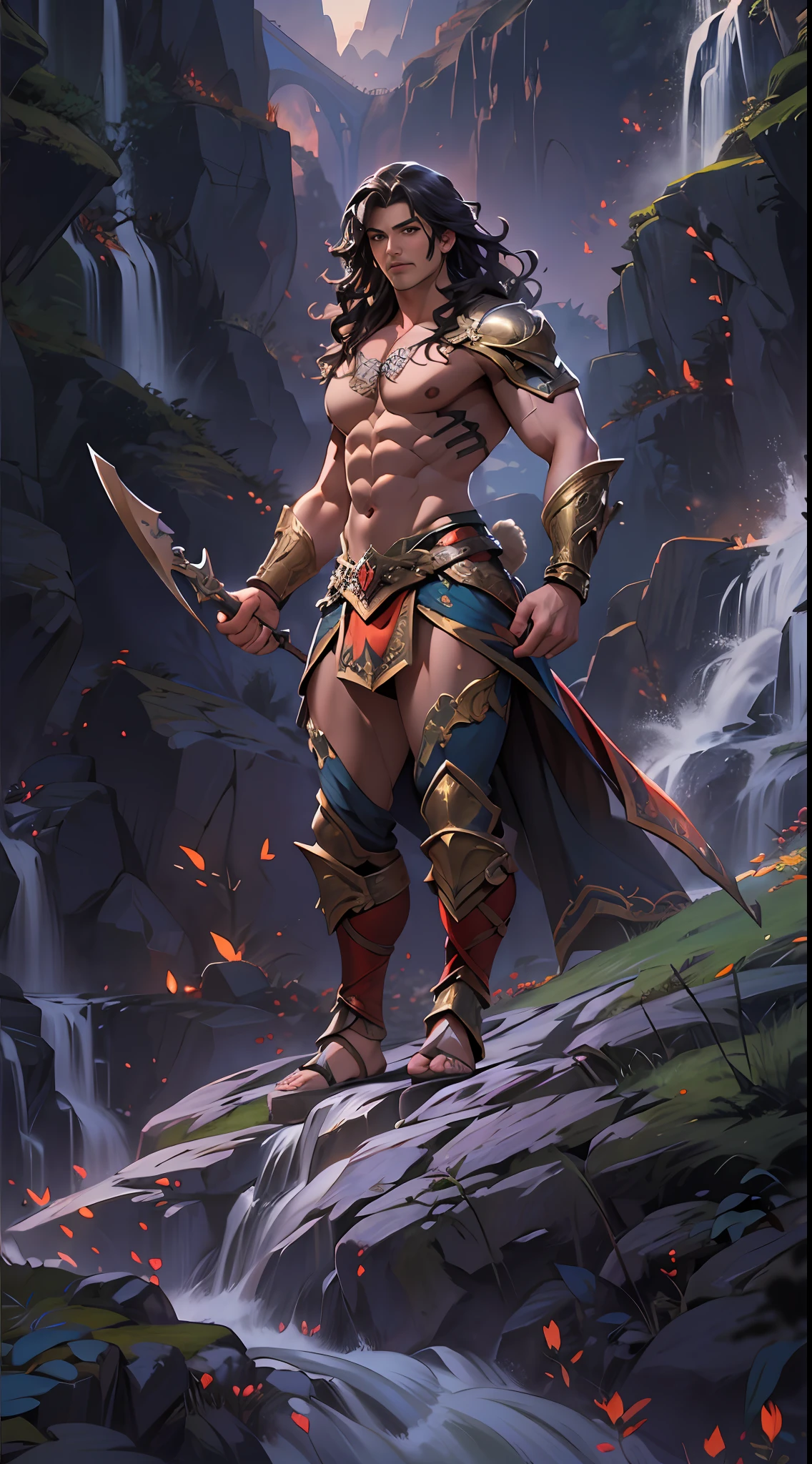 Powerful warrior, upper torso unveiled, lower body uncovered from thighs to feet, cascading long curls, meticulous muscle definition, lifelike depiction, 4K resolution. Background: Mythical fantasy landscape.,32k uhd, best quality, masterpiece, super detail, high details