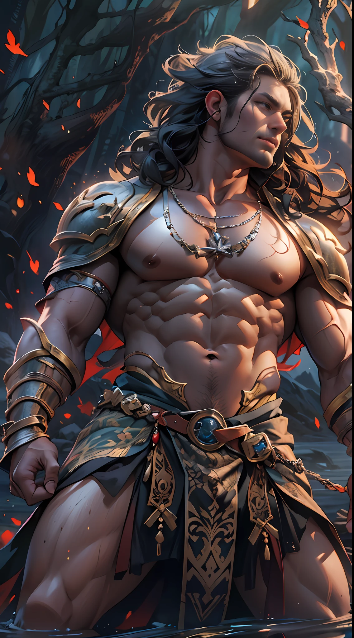 Powerful warrior, upper torso unveiled, lower body uncovered from thighs to feet, cascading long curls, meticulous muscle definition, lifelike depiction, 4K resolution. Background: Mythical fantasy landscape.,32k uhd, best quality, masterpiece, super detail, high details