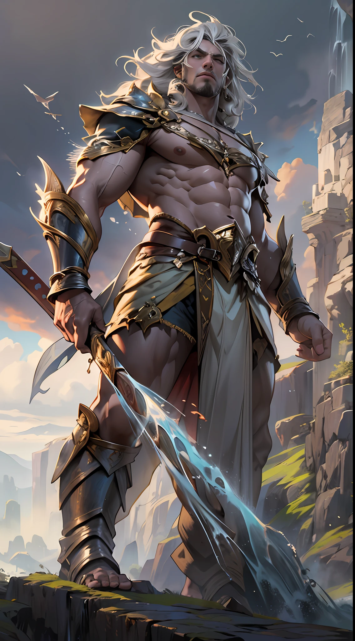 Powerful warrior, upper torso unveiled, lower body uncovered from thighs to feet, cascading long curls, meticulous muscle definition, lifelike depiction, 4K resolution. Background: Mythical fantasy landscape.,32k uhd, best quality, masterpiece, super detail, high details