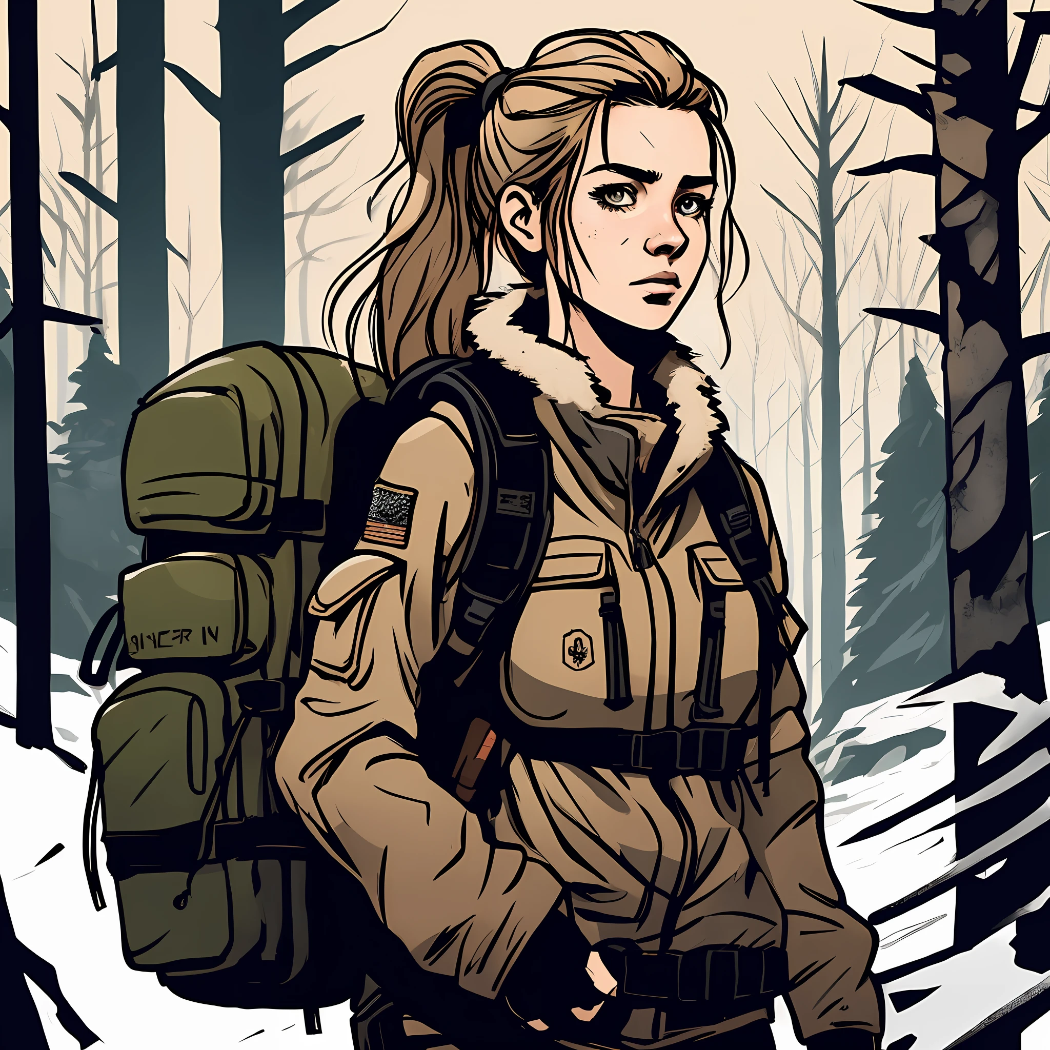 Hay una mujer con una mochila caminando por el bosque, Retrato de una mujer guardabosques, Dama cazadora de bosques, Ellie (The Last of Us), Infantry girl, Cazador solo en el desierto, Personaje principal femenino, Ellie from The Last of Us, personaje femenino en solitario, Exploradora Femenina Mini Chica Linda, Post-apocalyptic explorer, Arte conceptual de invierno, comic drawing style, Llevar equipo de supervivencia