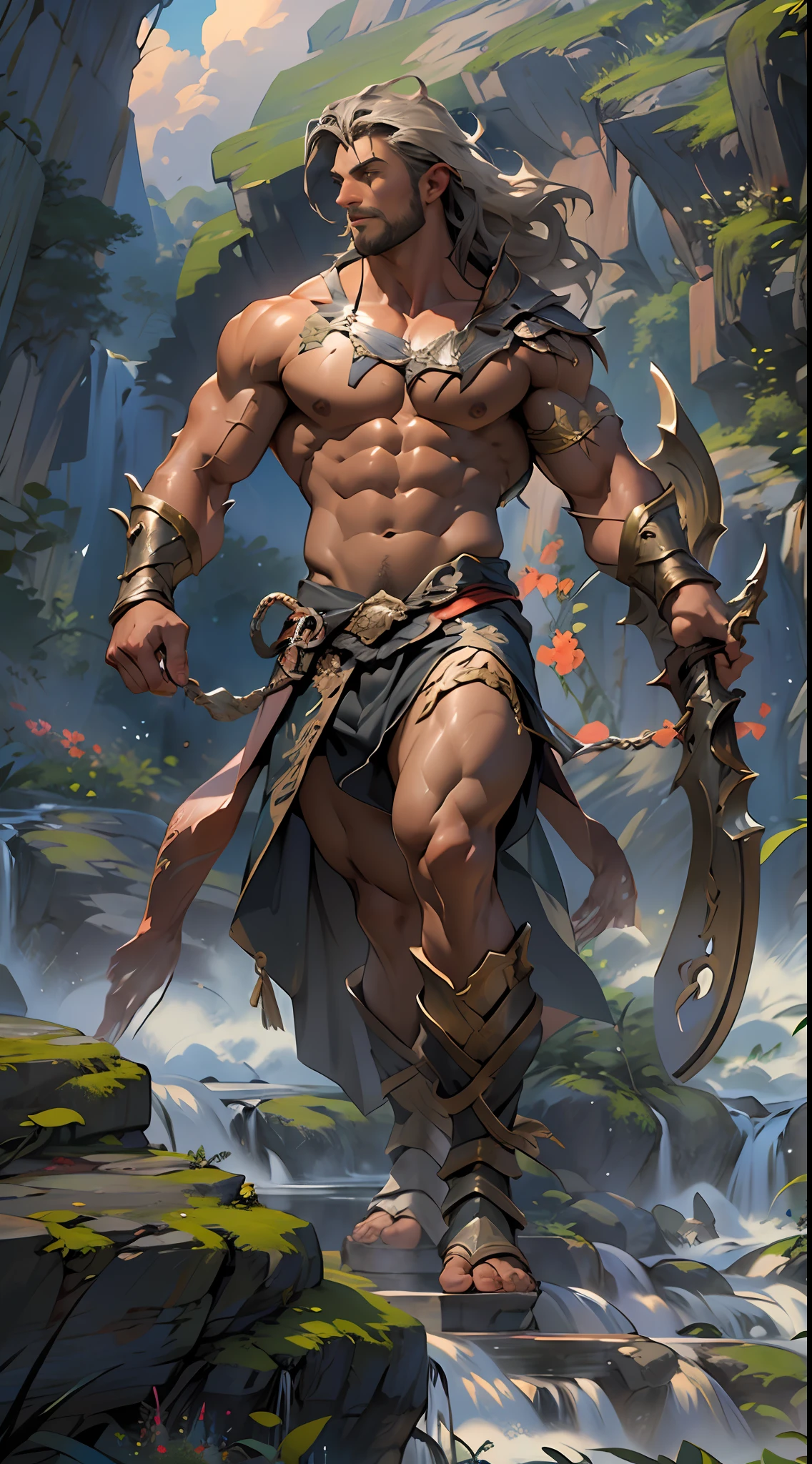 Powerful warrior, upper torso unveiled, lower body uncovered from thighs to feet, cascading long curls, meticulous muscle definition, lifelike depiction, 4K resolution. Background: Mythical fantasy landscape.,32k uhd, best quality, masterpiece, super detail, high details