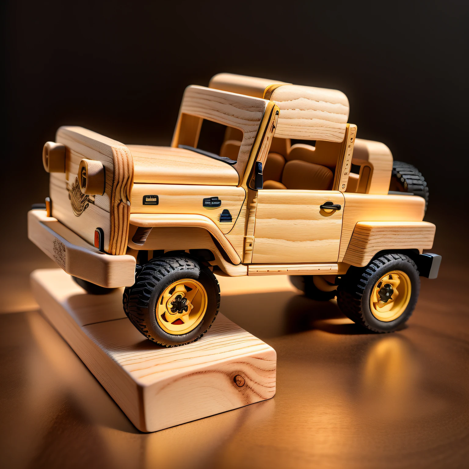 There was a wooden toy truck,There is a wooden block on it, with detailed wood, highly detailed toy, wooden art toys, detailed wide shot, wooden art toys on base, Wooden, jeep, with lots of details, kids toy, light lighting side view, 2023 4K, with a wooden stuff, the sideview, side - view