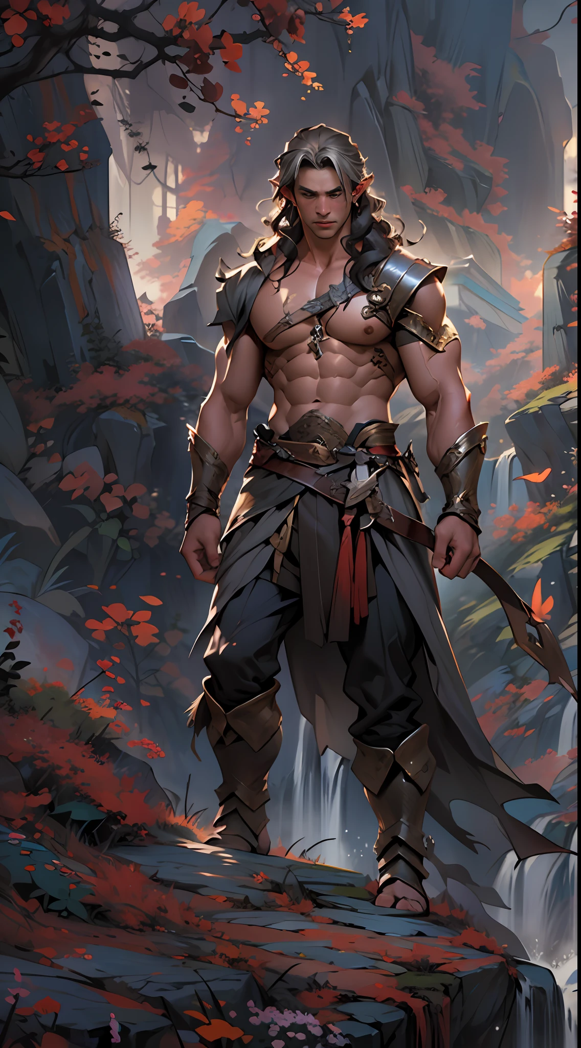 Powerful warrior, upper torso unveiled, lower body uncovered from thighs to feet, cascading long curls, meticulous muscle definition, lifelike depiction, 4K resolution. Background: Mythical fantasy landscape.,32k uhd, best quality, masterpiece, super detail, high details