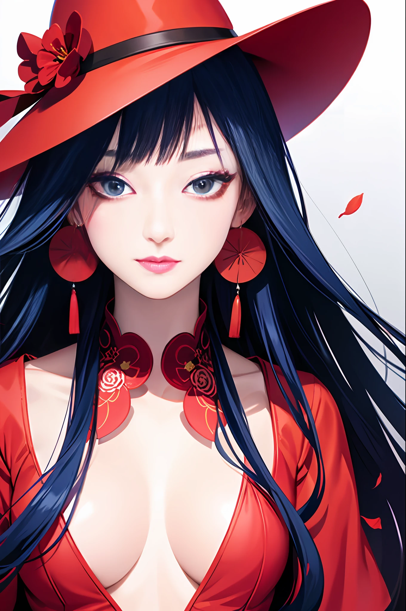 tsuruta ichiro, Narrow-eyed, 1girl in, Allback、Solo, Cowgirl, hat, red headwear、Red dress, ((mideum breasts)), (Super long hair:1.2), Thin slit eyes、blue grey eyes, Random colored hair, gloves, Dress, Jewelry, Upper body, earrings, sharp eye、Red Glove, elbow groves, Hand up, random color, random color dress, From Side, makeup, Slender eyes、lip stick, Complex petal pattern, Rim Light, Back Light, pastel color,
