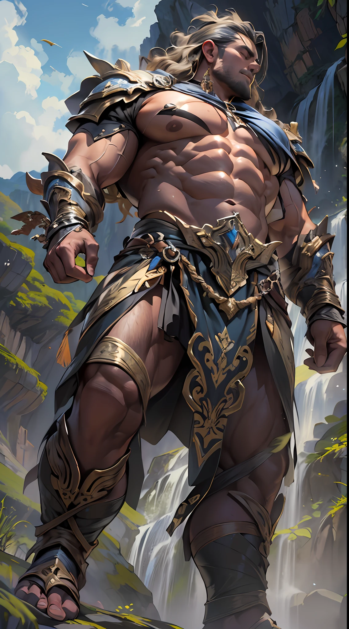 Powerful warrior, upper torso unveiled, lower body uncovered from thighs to feet, cascading long curls, meticulous muscle definition, lifelike depiction, 4K resolution. Background: Mythical fantasy landscape.,32k uhd, best quality, masterpiece, super detail, high details