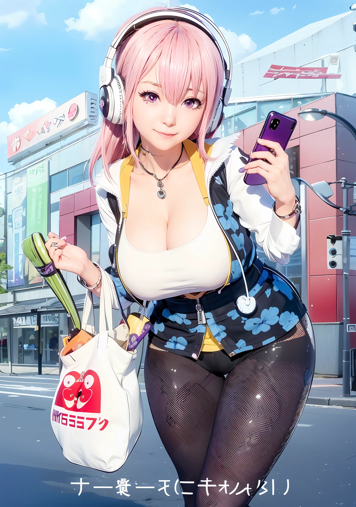 Extremely real face，Extremely authentic clothes，Anime girl with headphones holding bag and cell phone, oppai, biomechanical oppai, An anime cover, anime visual of a cute girl, eechi, author：Kitasan Okada, Edgee style, seductive anime girls, Full color comic book cover, an oppai cyberpunk, Cyberpunk monitor headphones，fantrome, megumu okada, hanayamata，A kind smile，Purple eggplant in his left hand，