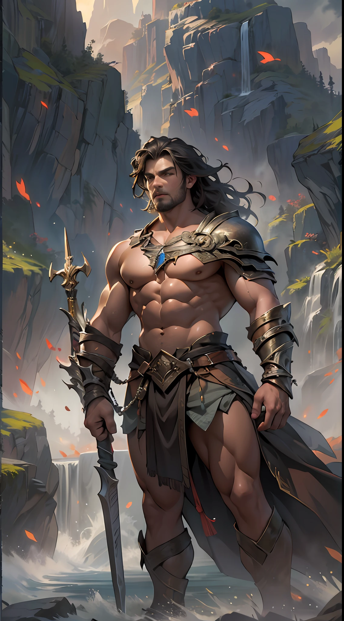 Powerful warrior, upper torso unveiled, lower body uncovered from thighs to feet, cascading long curls, meticulous muscle definition, lifelike depiction, 4K resolution. Background: Mythical fantasy landscape.,32k uhd, best quality, masterpiece, super detail, high details