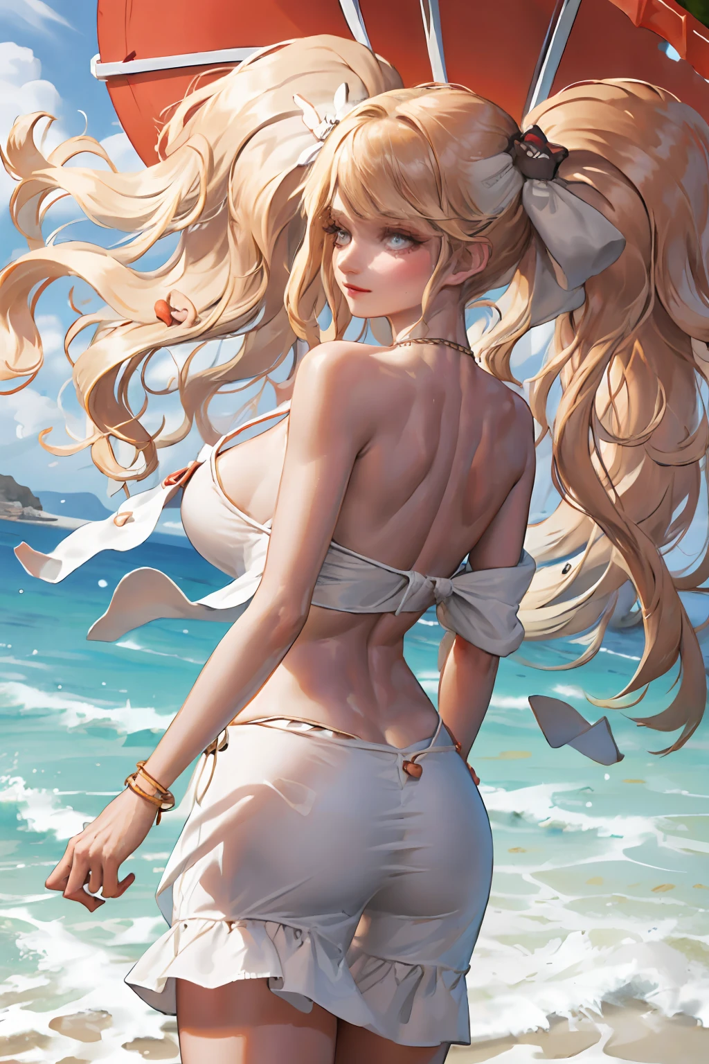 (masterpiece:1.2, best quality), (1lady, solo, upper body:1.2), Clothing: white flowy maxi dress, wide-brimmed hat, strappy sandals, Accessories: shell necklace, Hair: loose beach waves, Makeup: natural, glowing skin, Behavior: relaxed, carefree, free-spirited, Location: beach, resort, outdoor festival, red eyes, huge tits,