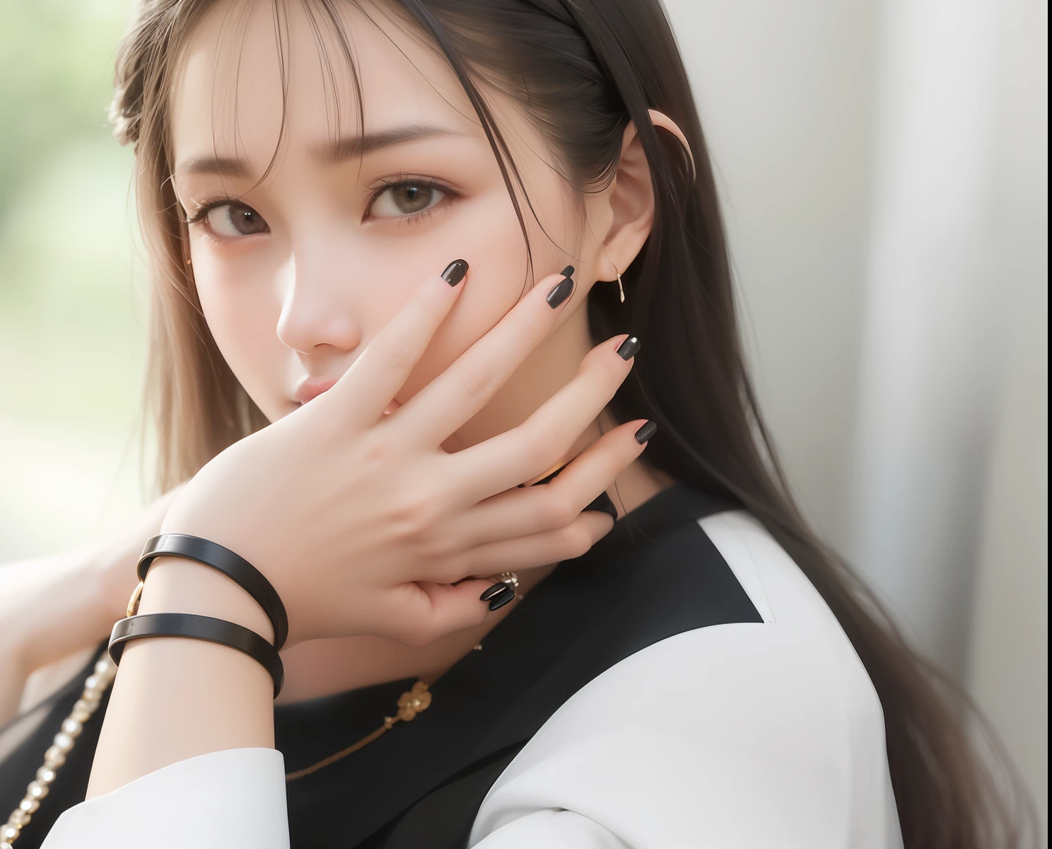 There is a woman with long hair and a black and white shirt, hand on her chin, Put hand on cheek, Hands on back, close up portrait photo, hand over mouth, dilraba dilmurat, a young asian woman, photo of a hand jewellery model, sakimichan, close-up portrait shot, Portrait image, Portrait of female Korean idol