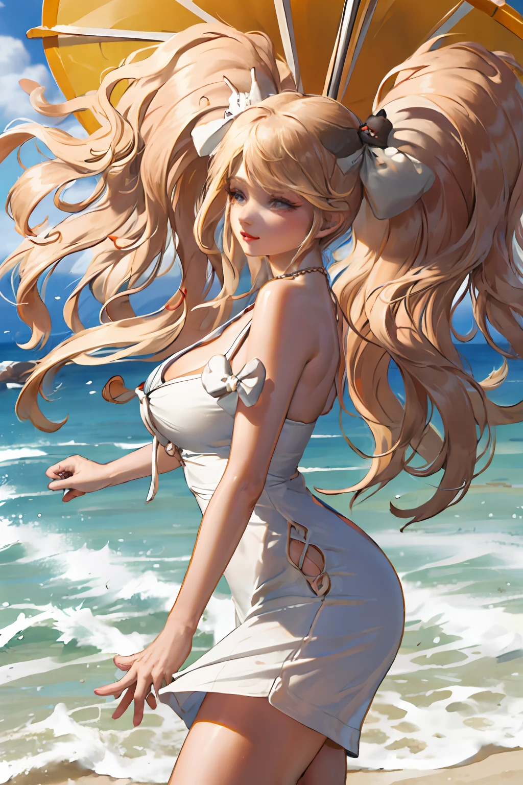 (masterpiece:1.2, best quality), (1lady, solo, upper body:1.2), Clothing: white flowy maxi dress, wide-brimmed hat, strappy sandals, Accessories: shell necklace, Hair: loose beach waves, Makeup: natural, glowing skin, Behavior: relaxed, carefree, free-spirited, Location: beach, resort, outdoor festival, red eyes, huge tits,