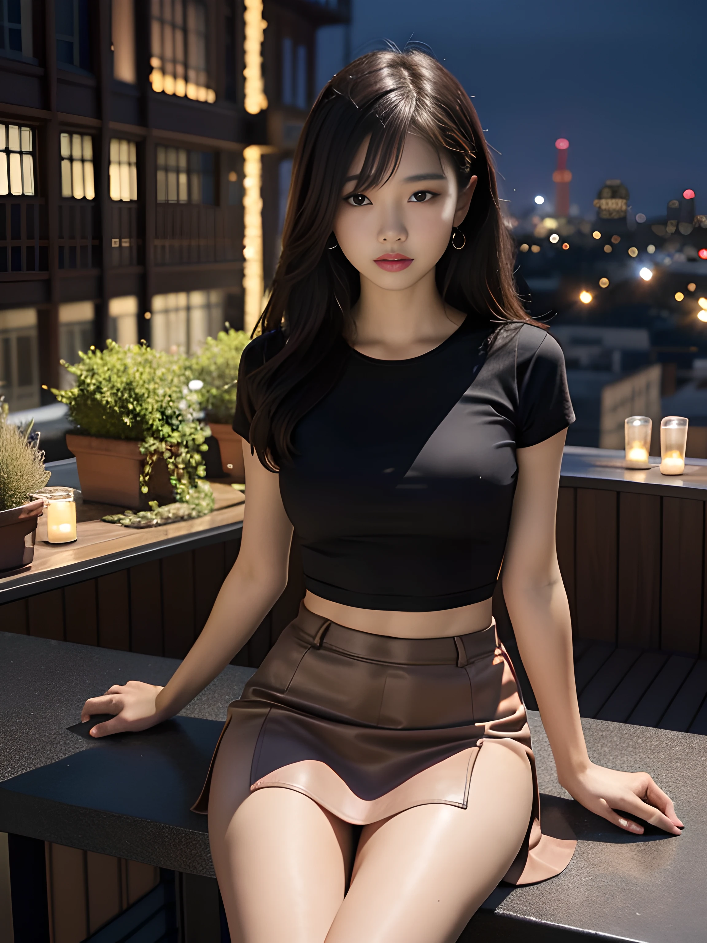 ((midynight, Acura, 8K, tmasterpiece: 1.3)), full bodyesbian, long leges, Focalors: 1.2, perfect figure beautiful woman: 1.4, Slim abs: 1.1, (dark brown hair,: 1.2 )), (Pink skinny T-shirt, short skirt,sitting on a stool: 1.2), (city night scene, the roof: 1.3)), Highly Detailed Face and Skin Textur, detailedeyes, 二重まぶた,