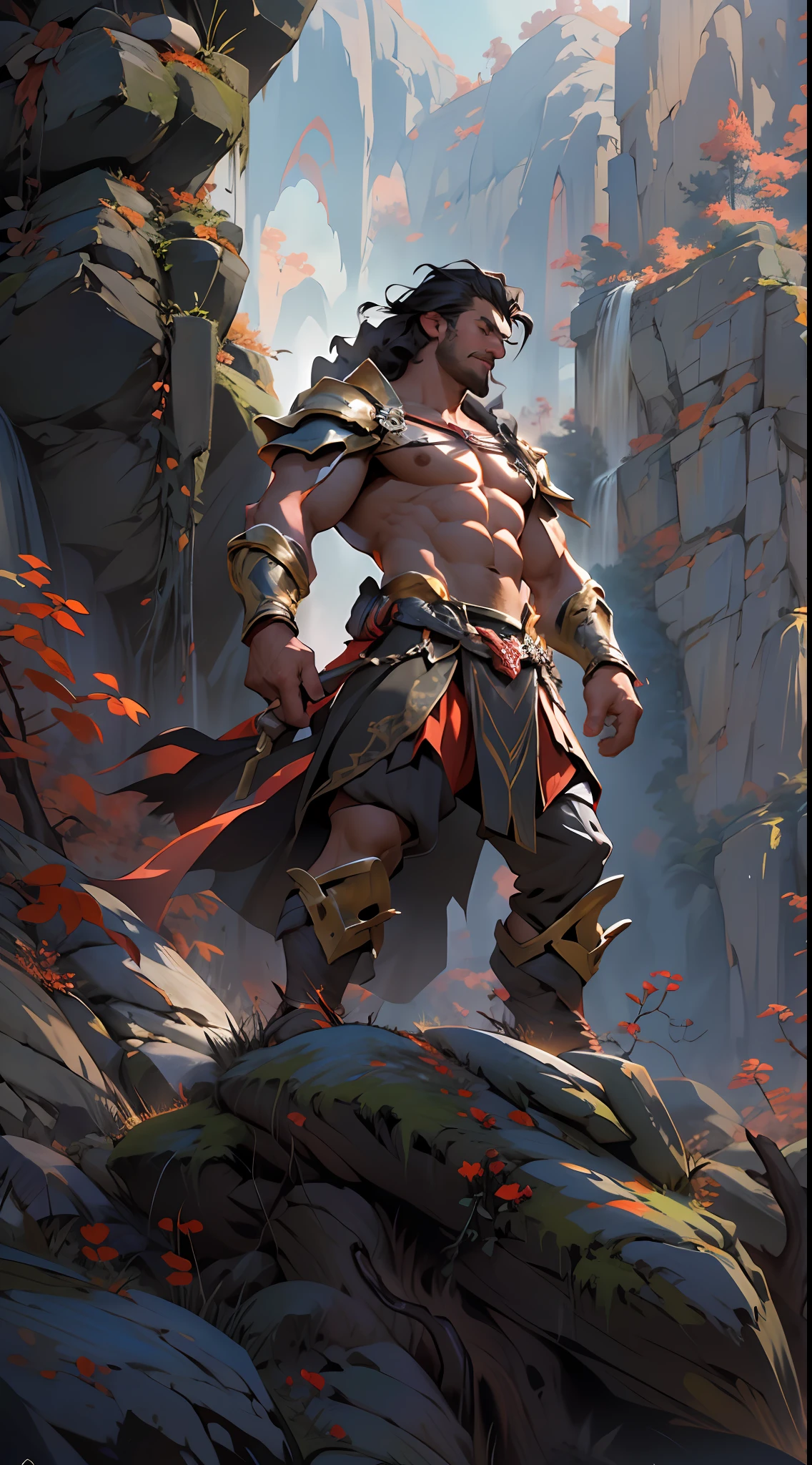 Powerful warrior, upper torso unveiled, lower body uncovered from thighs to feet, cascading long curls, meticulous muscle definition, lifelike depiction, 4K resolution. Background: Mythical fantasy landscape.,32k uhd, best quality, masterpiece, super detail, high details
