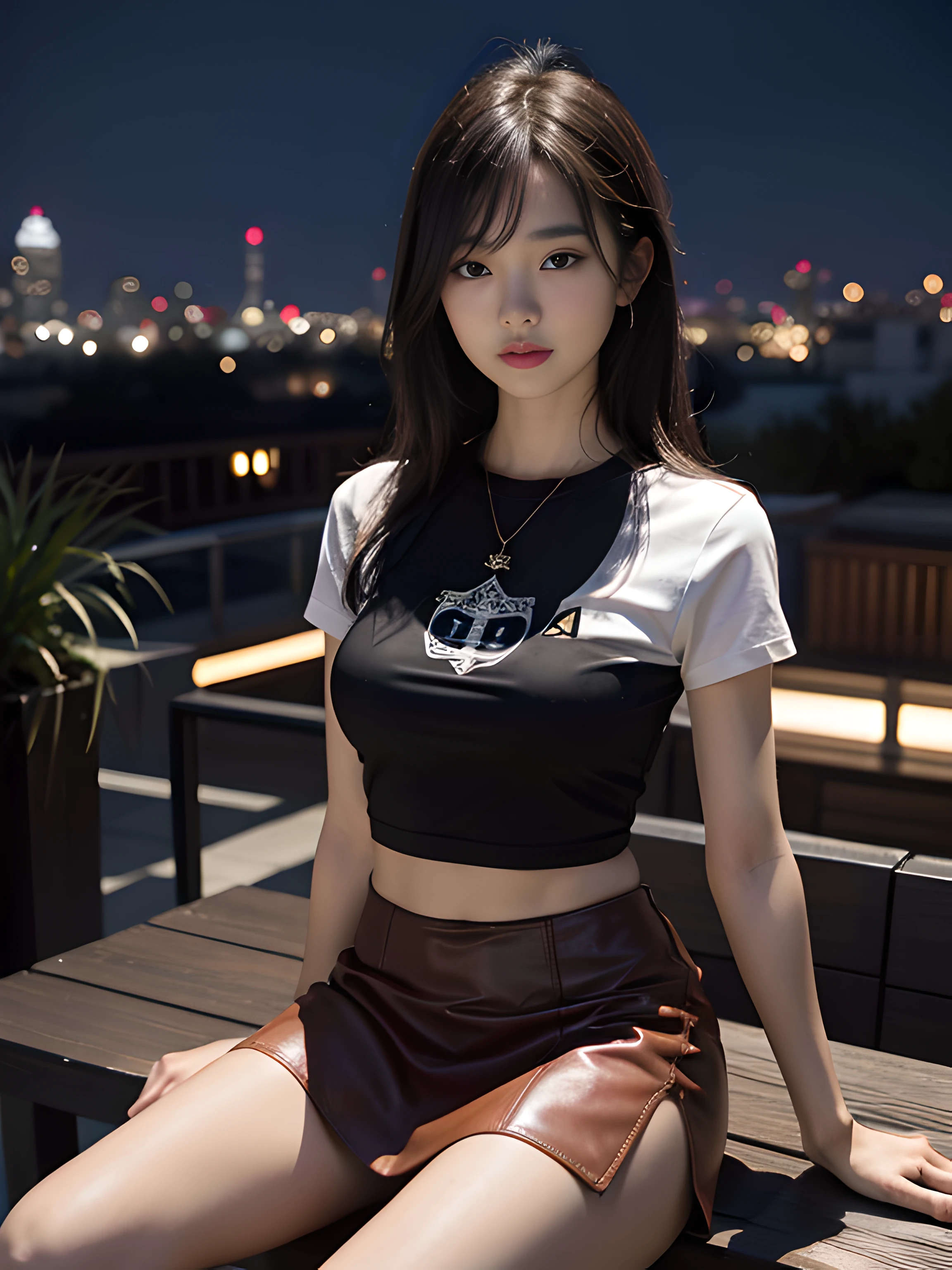 ((midynight, Acura, 8K, tmasterpiece: 1.3)), full bodyesbian, long leges, Focalors: 1.2, perfect figure beautiful woman: 1.4, Slim abs: 1.1, (dark brown hair,: 1.2 )), (Pink skinny T-shirt, short skirt,sitting on a stool: 1.2), (city night scene, the roof: 1.3)), Highly Detailed Face and Skin Textur, detailedeyes, 二重まぶた,
