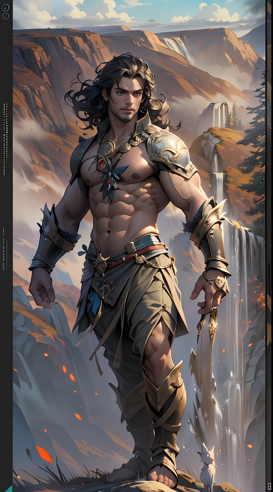 Powerful warrior, upper torso unveiled, lower body uncovered from thighs to feet, cascading long curls, meticulous muscle definition, lifelike depiction, 4K resolution. Background: Mythical fantasy landscape.,32k uhd, best quality, masterpiece, super detail, high details