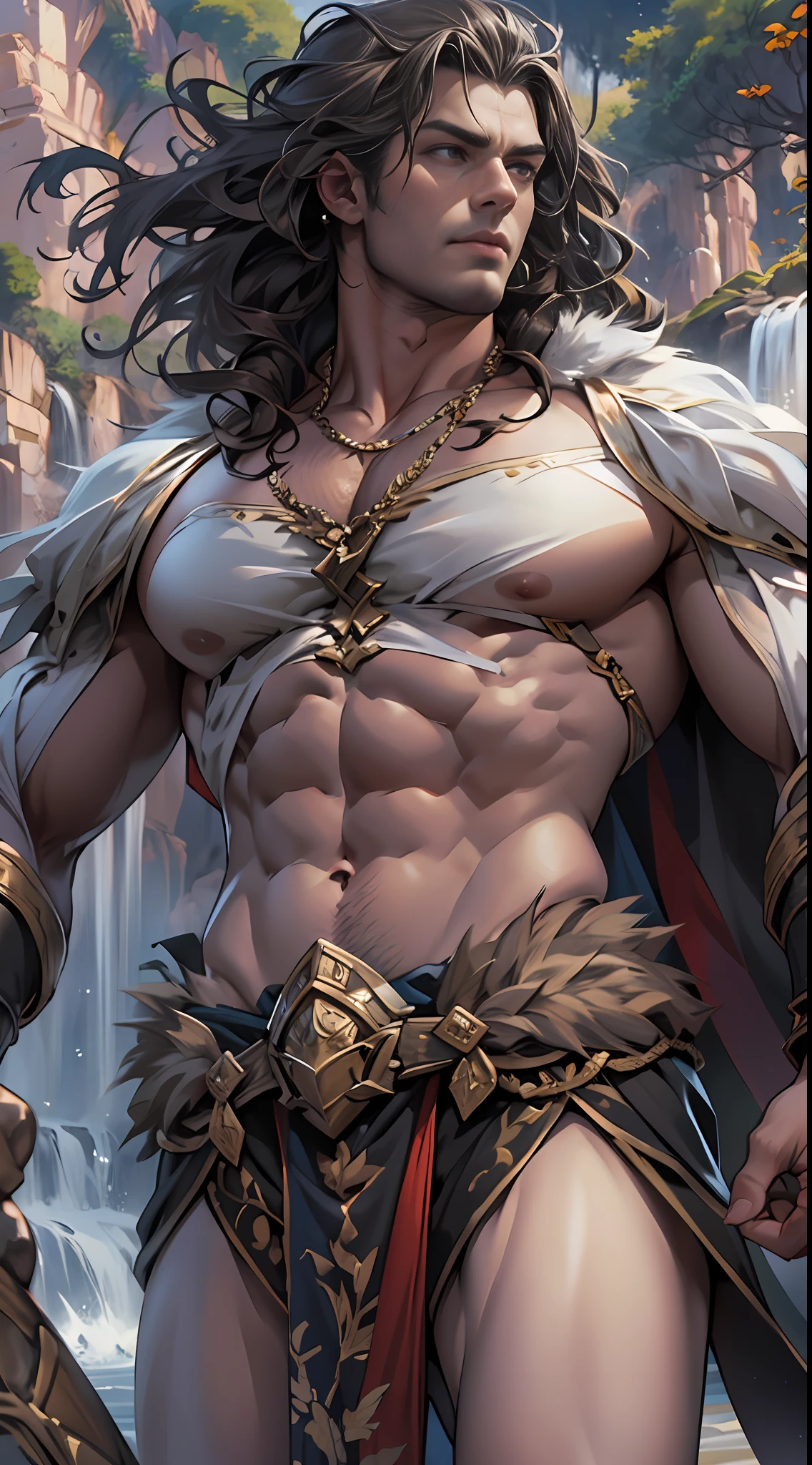 Powerful warrior, upper torso unveiled, lower body uncovered from thighs to feet, cascading long curls, meticulous muscle definition, lifelike depiction, 4K resolution. Background: Mythical fantasy landscape.,32k uhd, best quality, masterpiece, super detail, high details