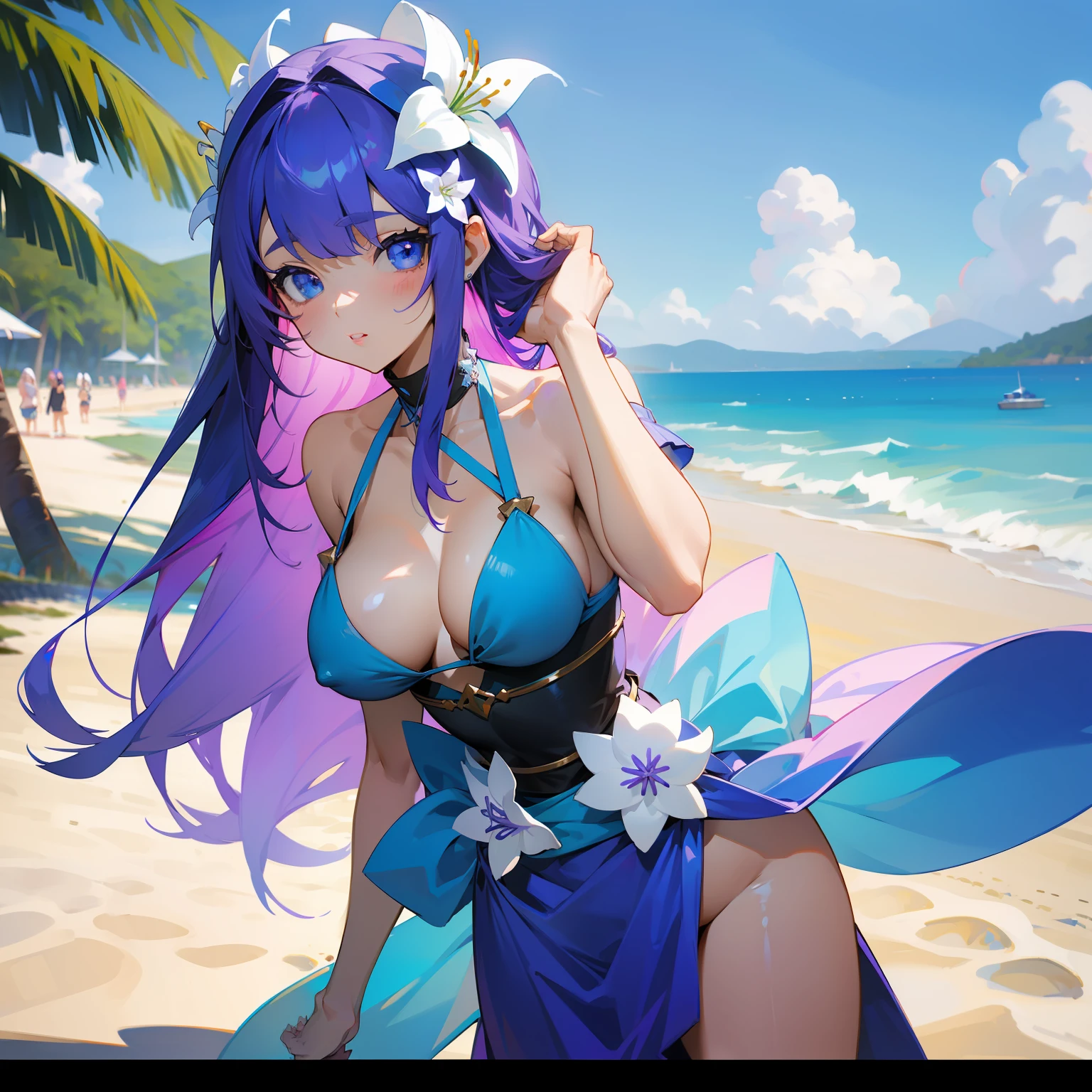 Purple hair、blue eyess、the beach、The bikini、Colossal tits、cute little、length hair、High quality、Lily flower ornament on the head、pareo、Lily flower ornament on the waist