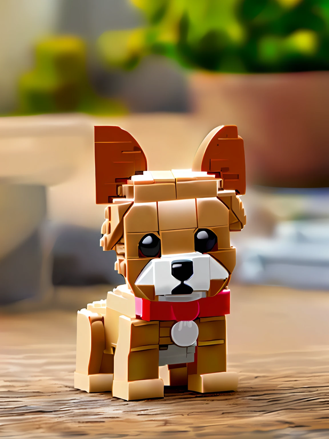 Lego dog sitting at table with red collar, legoshi from beastars, lego character, beastars legoshi, detailed portrait shot, legos, lego set, brand new lego set ( 2 0 2 1 ), super detailed image, mini figure, made of lego, arte mista, small dog, Corgi, author：Jacob Galmain, Tiny details, legos