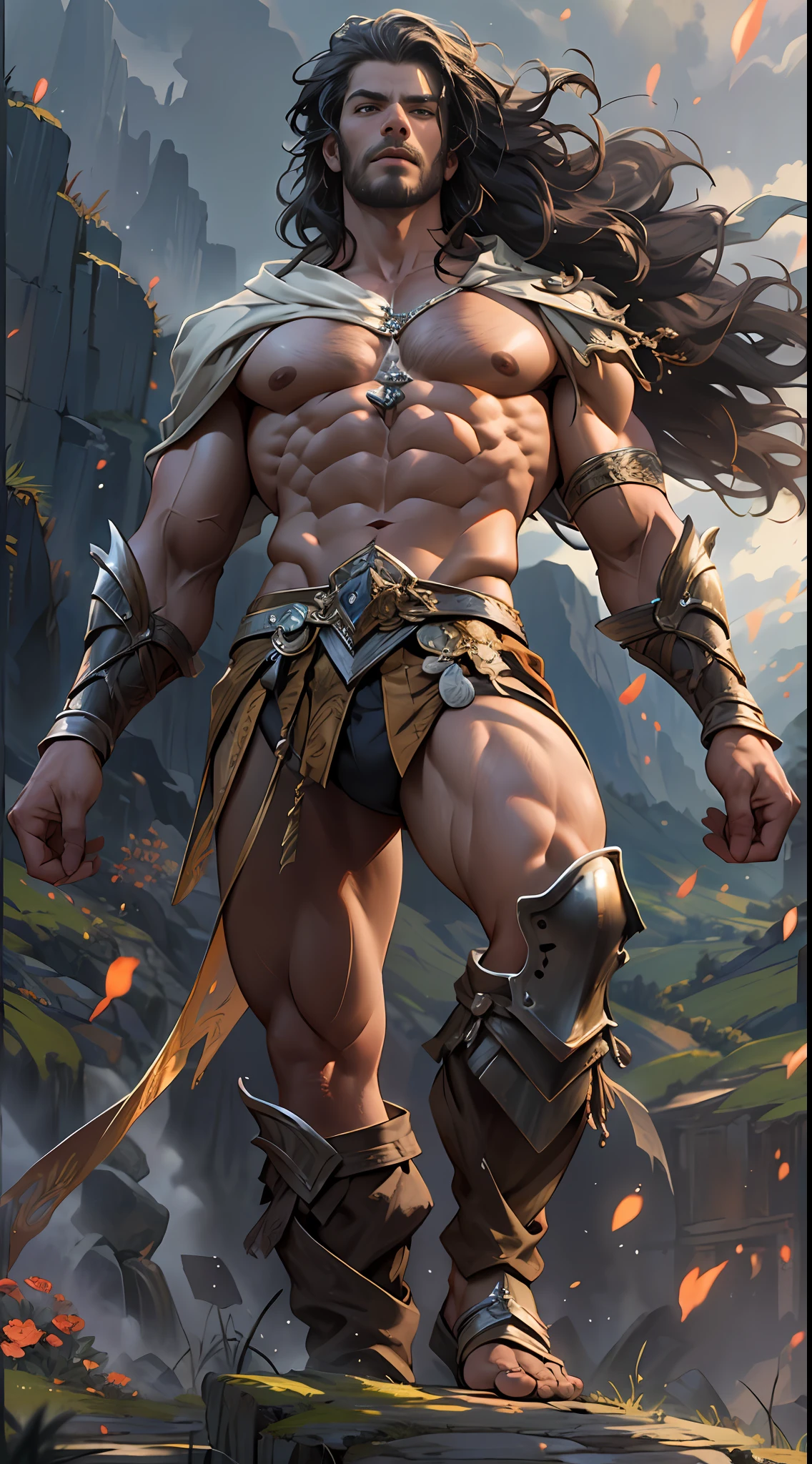 Powerful warrior, upper torso unveiled, lower body uncovered from thighs to feet, cascading long curls, meticulous muscle definition, lifelike depiction, 4K resolution. Background: Mythical fantasy landscape.,32k uhd, best quality, masterpiece, super detail, high details