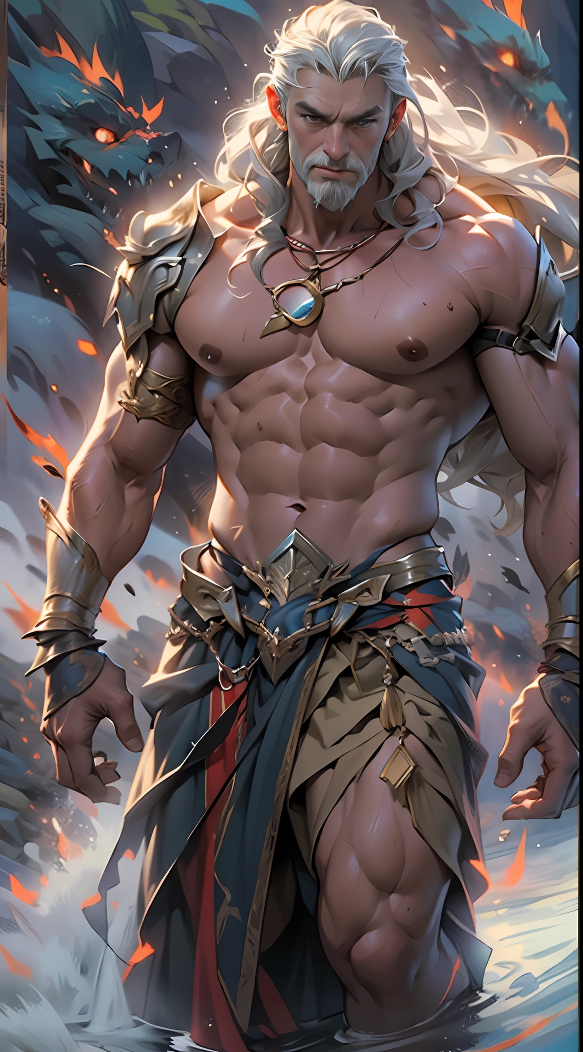 Powerful warrior, upper torso unveiled, lower body uncovered from thighs to feet, cascading long curls, meticulous muscle definition, lifelike depiction, 4K resolution. Background: Mythical fantasy landscape.,32k uhd, best quality, masterpiece, super detail, high details