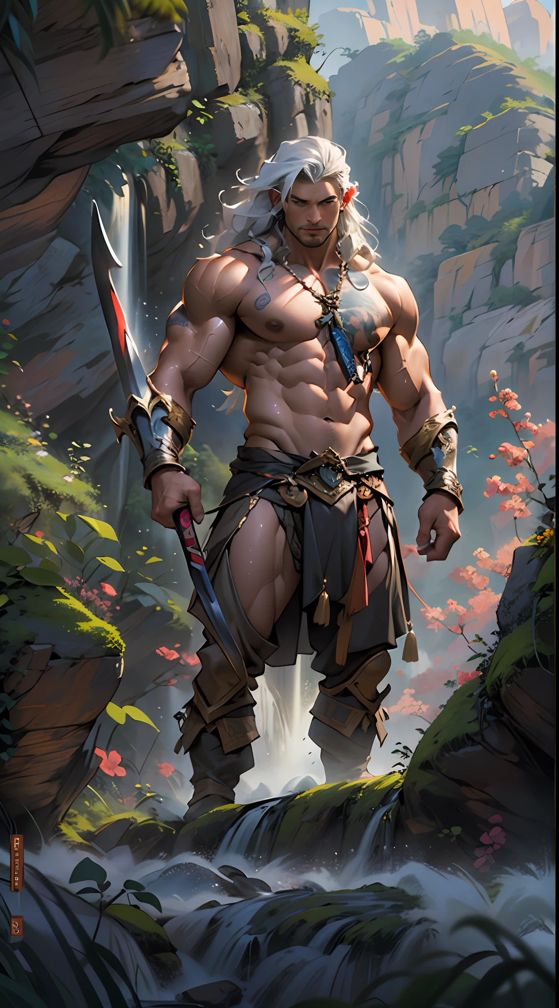 Powerful warrior, upper torso unveiled, lower body uncovered from thighs to feet, cascading long curls, meticulous muscle definition, lifelike depiction, 4K resolution. Background: Mythical fantasy landscape.,32k uhd, best quality, masterpiece, super detail, high details